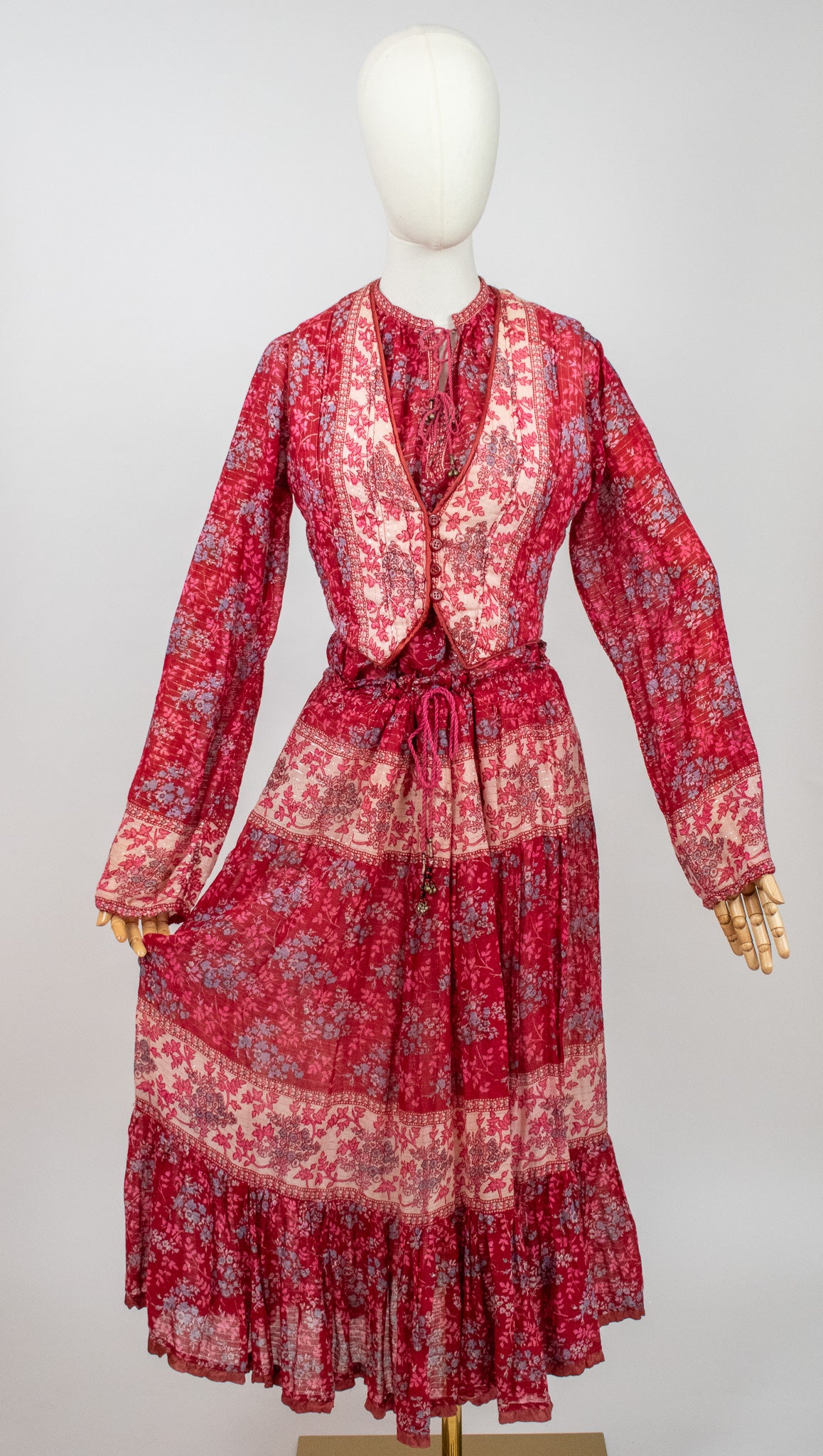 Vintage Indian Hand Block Printed Cotton Quilted Vest Blouse Skirt Co-ord