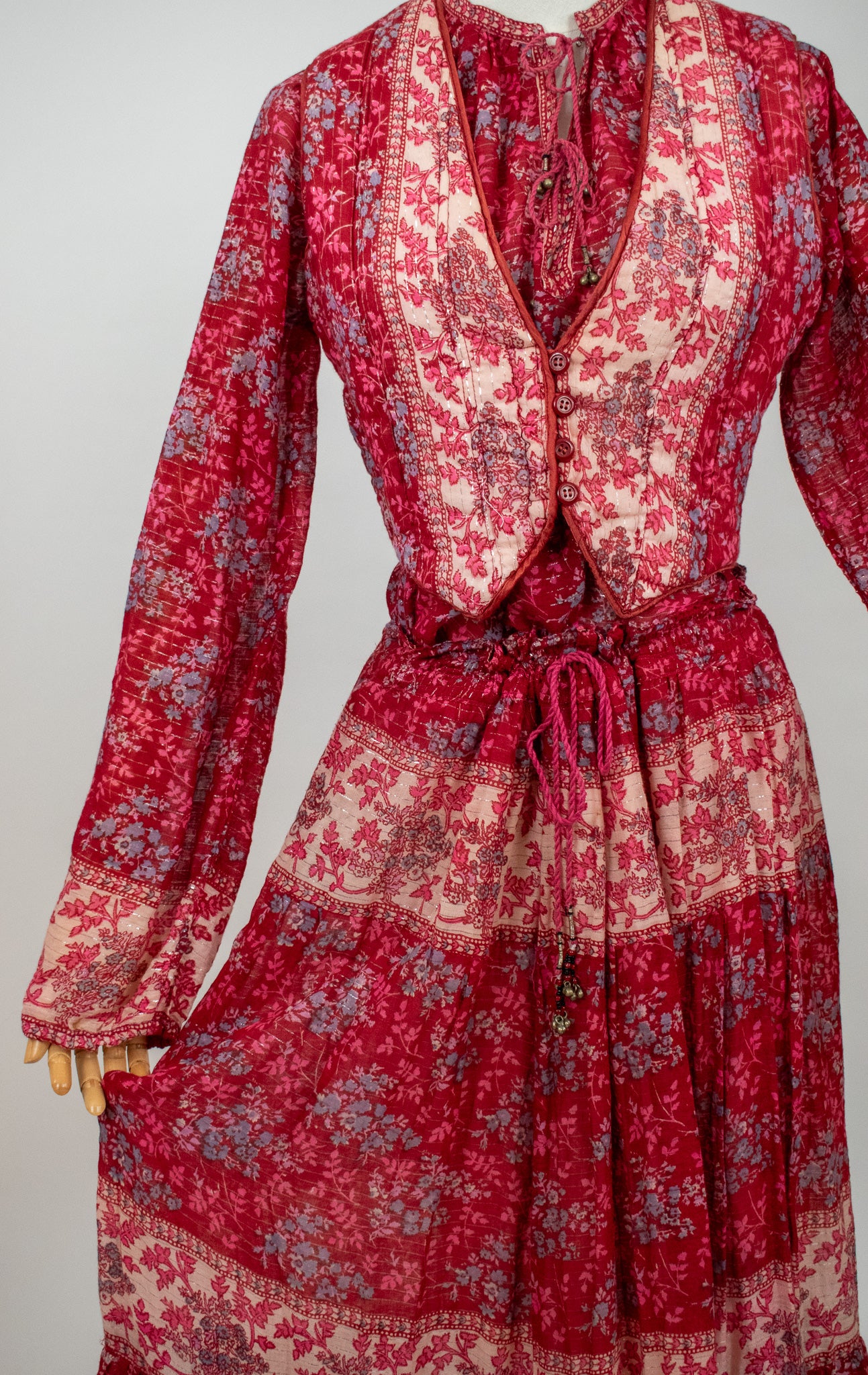 Vintage Indian Hand Block Printed Cotton Quilted Vest Blouse Skirt Co-ord