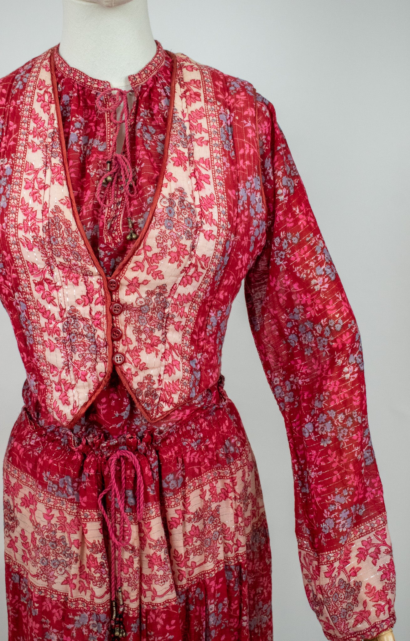 Vintage Indian Hand Block Printed Cotton Quilted Vest Blouse Skirt Co-ord