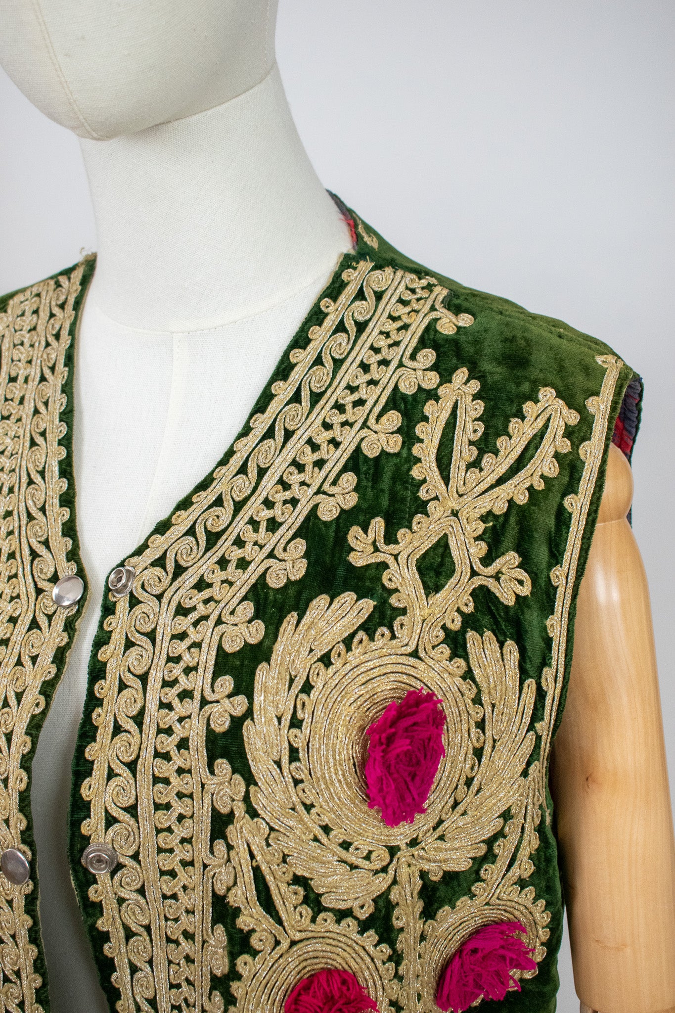Vintage Afghan Ottoman 1960s Green Velvet Embroidered Vest Waistcoat