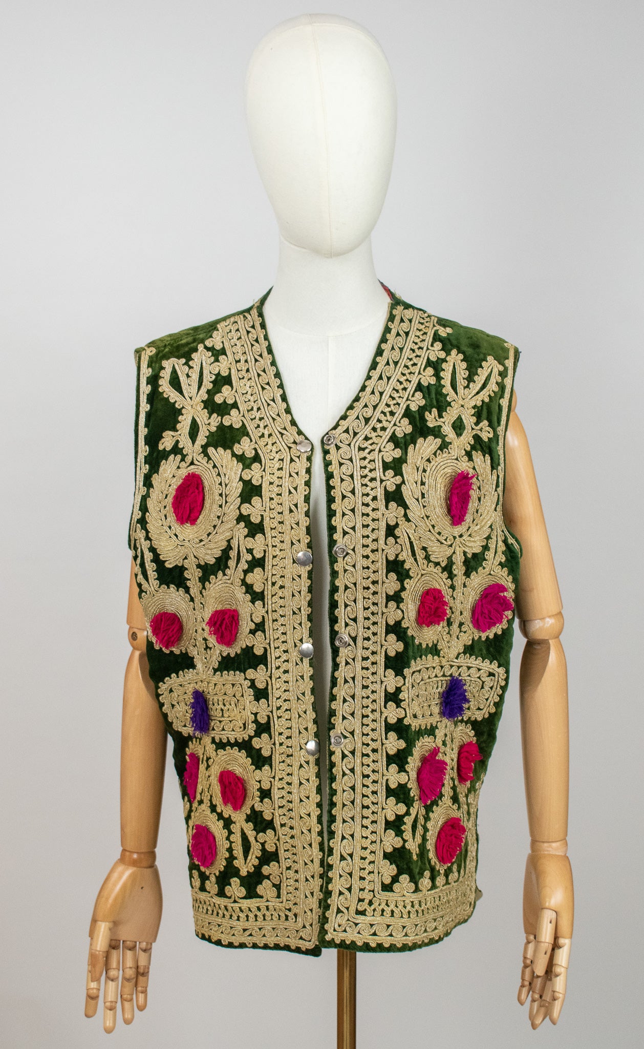 Vintage Afghan Ottoman 1960s Green Velvet Embroidered Vest Waistcoat