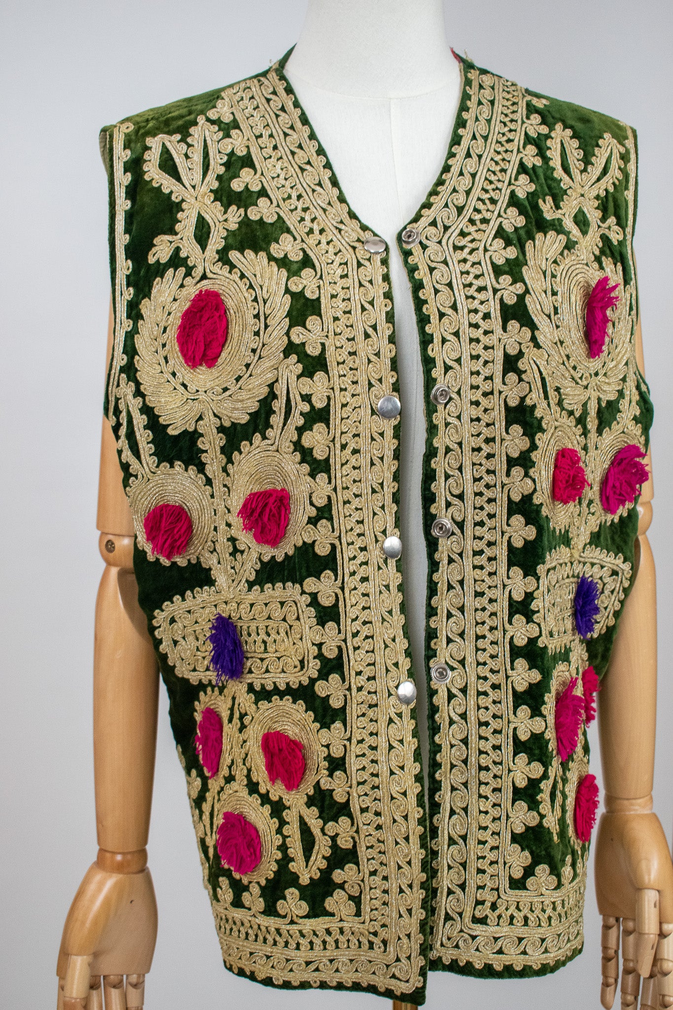 Vintage Afghan Ottoman 1960s Green Velvet Embroidered Vest Waistcoat