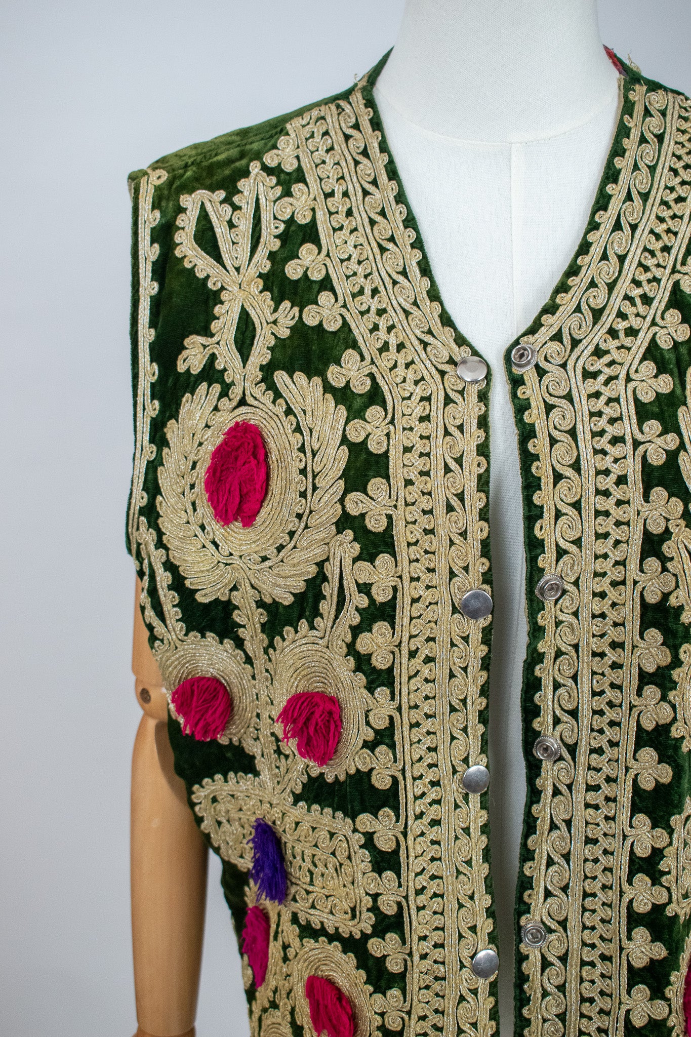 Vintage Afghan Ottoman 1960s Green Velvet Embroidered Vest Waistcoat