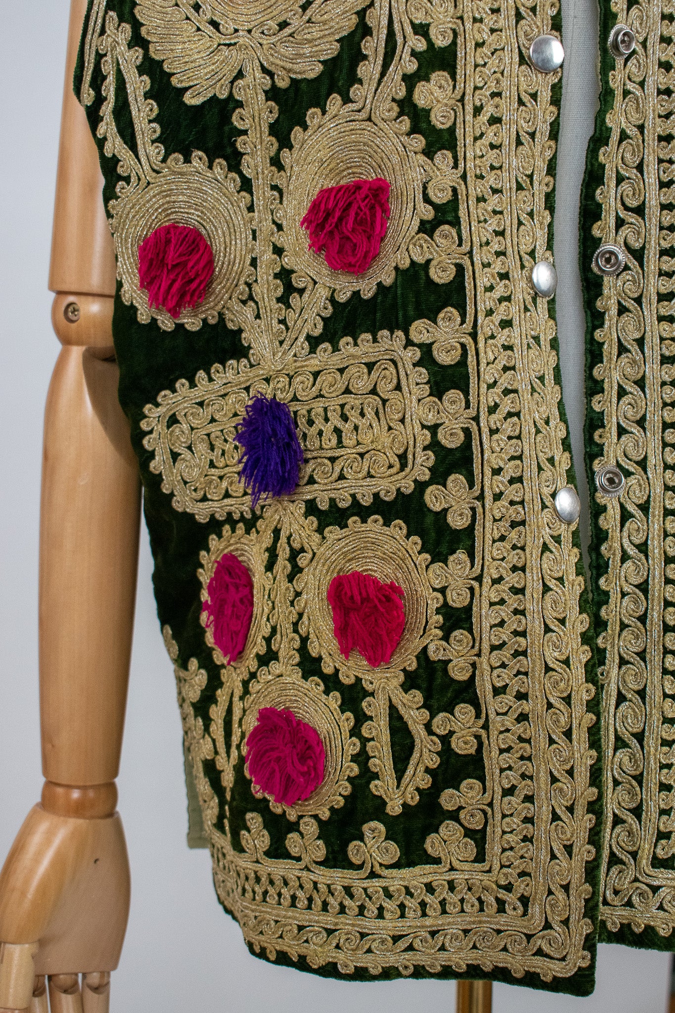 Vintage Afghan Ottoman 1960s Green Velvet Embroidered Vest Waistcoat