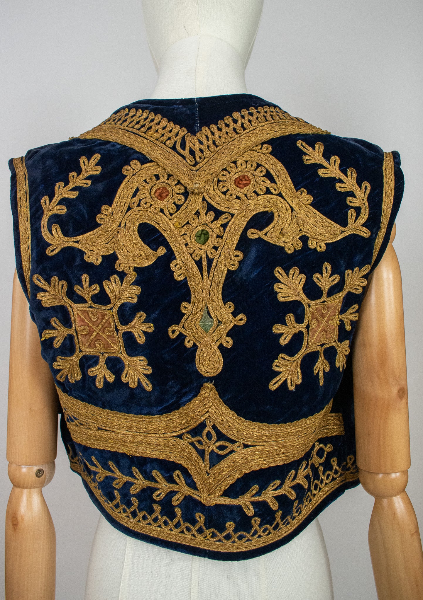 Vintage Afghan Ottoman 1960s Blue Velvet Embroidered Vest Waistcoat