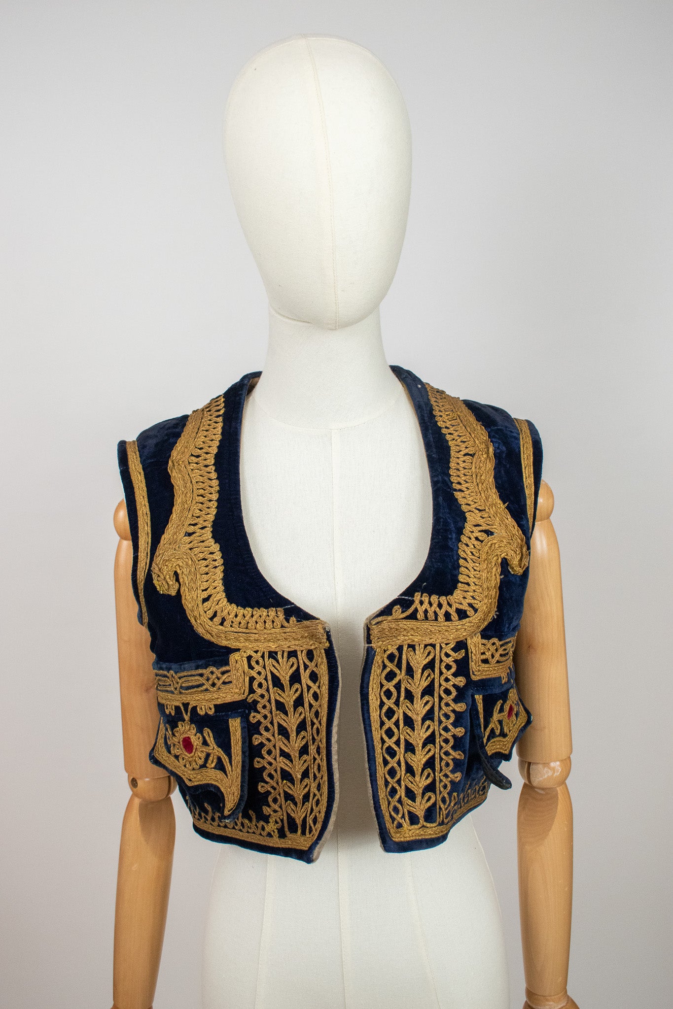 Vintage Afghan Ottoman 1960s Blue Velvet Embroidered Vest Waistcoat