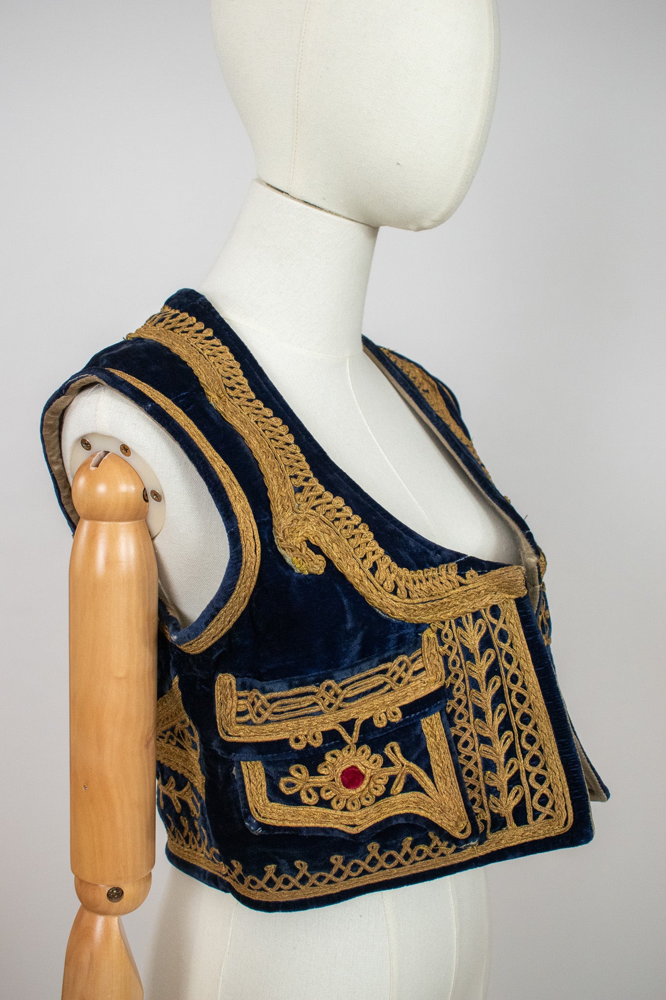 Vintage Afghan Ottoman 1960s Blue Velvet Embroidered Vest Waistcoat
