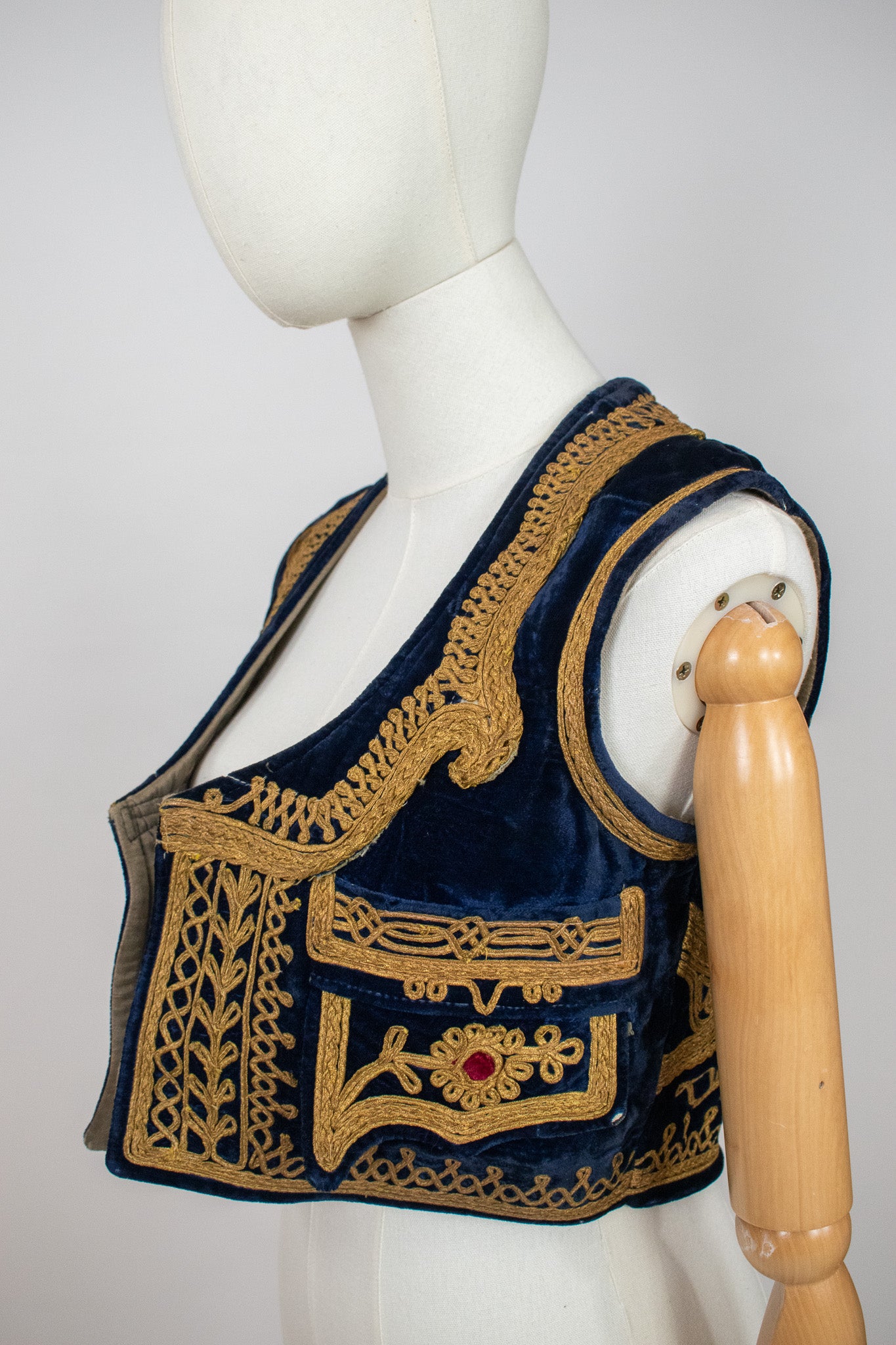 Vintage Afghan Ottoman 1960s Blue Velvet Embroidered Vest Waistcoat