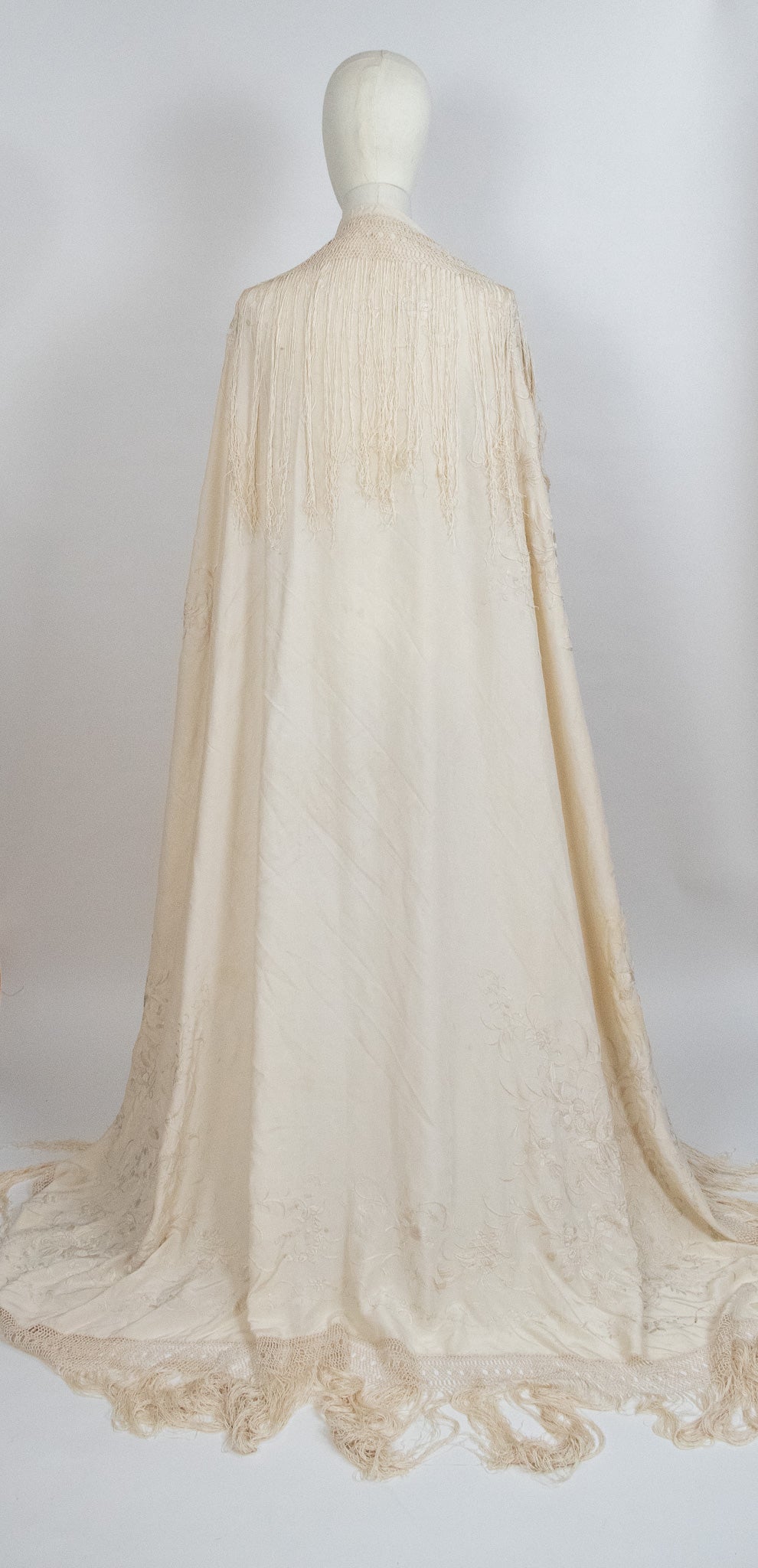 Antique Late Victorian Ivory Silk Canton Floral Embroidered Piano Fringed Shawl