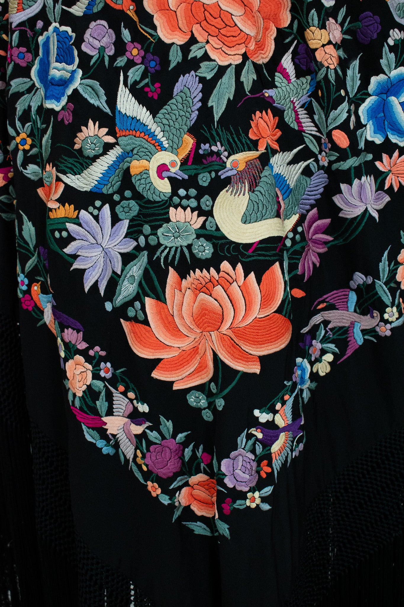 Heavily Embroidered With Birds Flowers Butterflies Circa 1990/1910 Black Silk Canton Piano Fringed Shawl