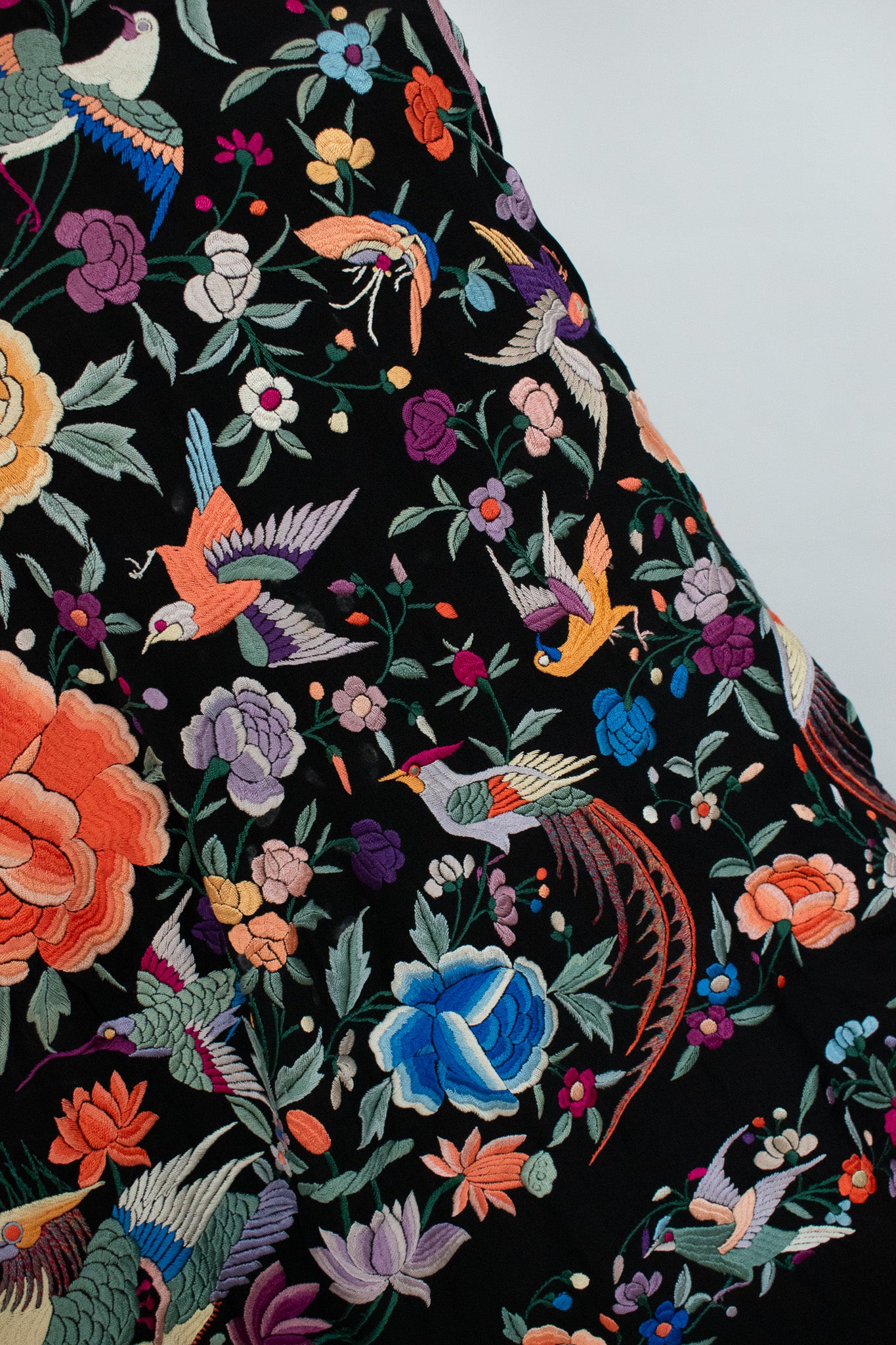 Heavily Embroidered With Birds Flowers Butterflies Circa 1990/1910 Black Silk Canton Piano Fringed Shawl