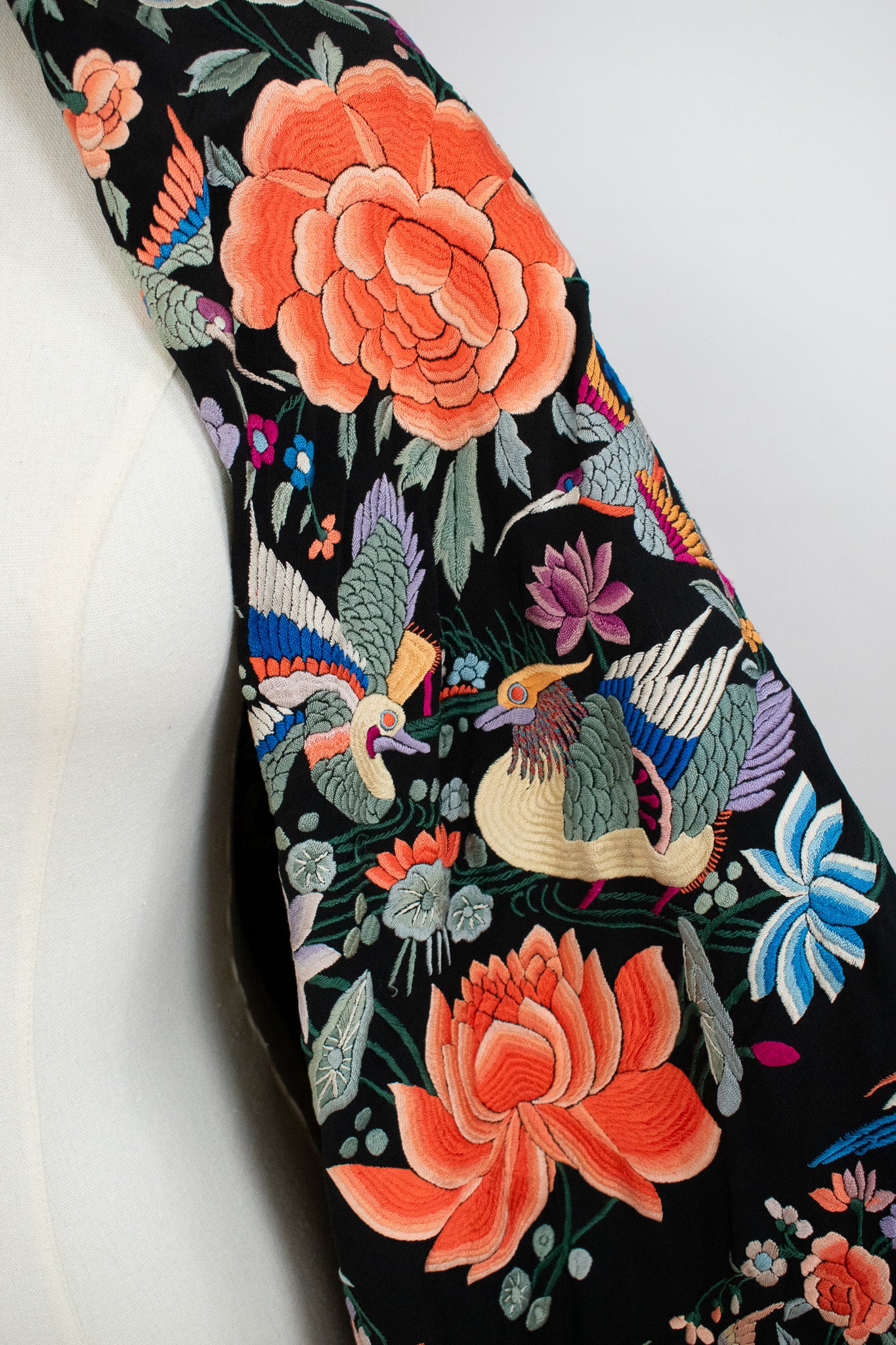Heavily Embroidered With Birds Flowers Butterflies Circa 1990/1910 Black Silk Canton Piano Fringed Shawl