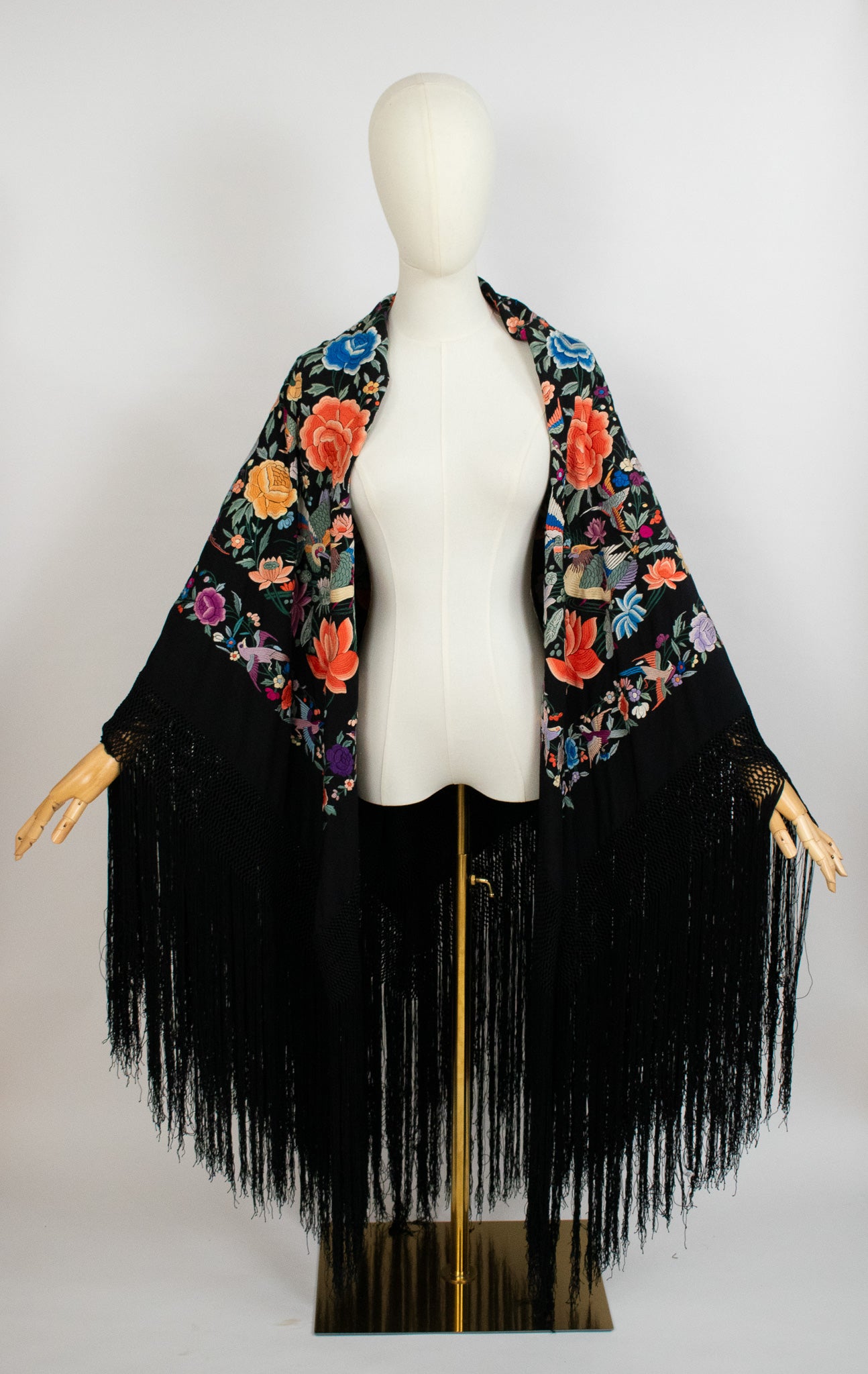 Heavily Embroidered With Birds Flowers Butterflies Circa 1990/1910 Black Silk Canton Piano Fringed Shawl