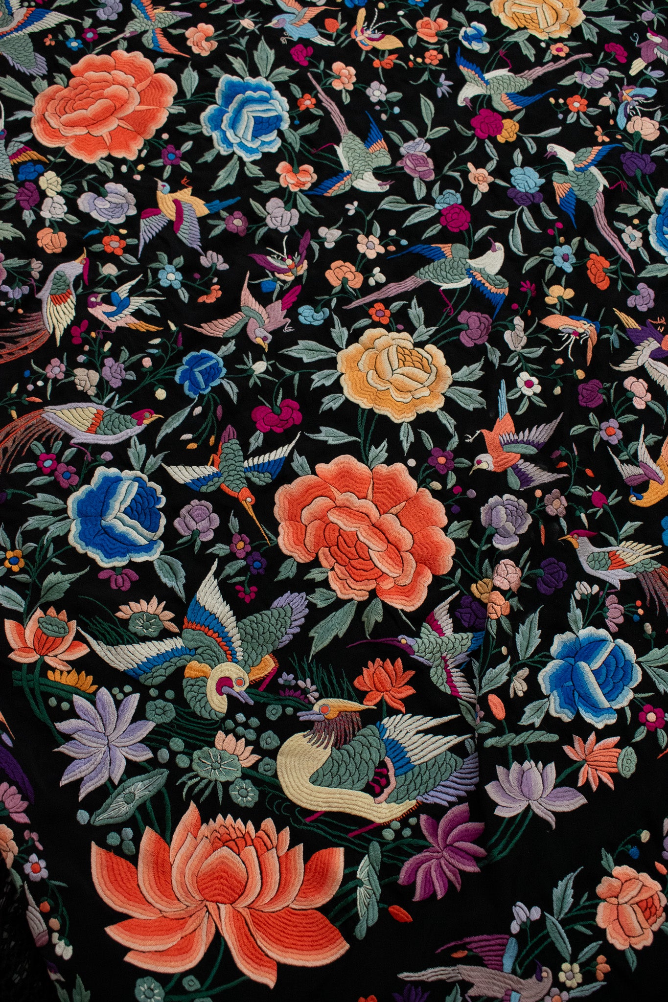 Heavily Embroidered With Birds Flowers Butterflies Circa 1990/1910 Black Silk Canton Piano Fringed Shawl