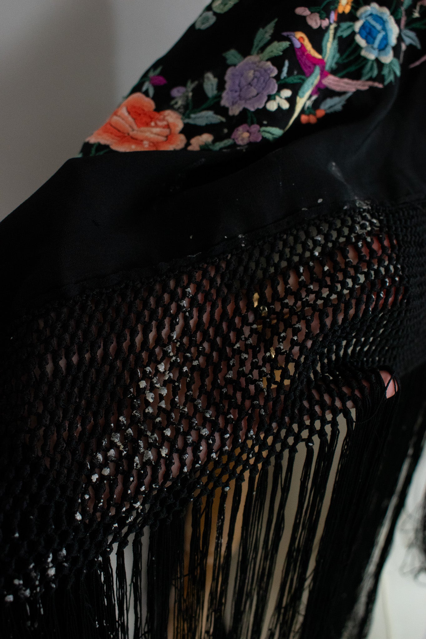 Heavily Embroidered With Birds Flowers Butterflies Circa 1990/1910 Black Silk Canton Piano Fringed Shawl