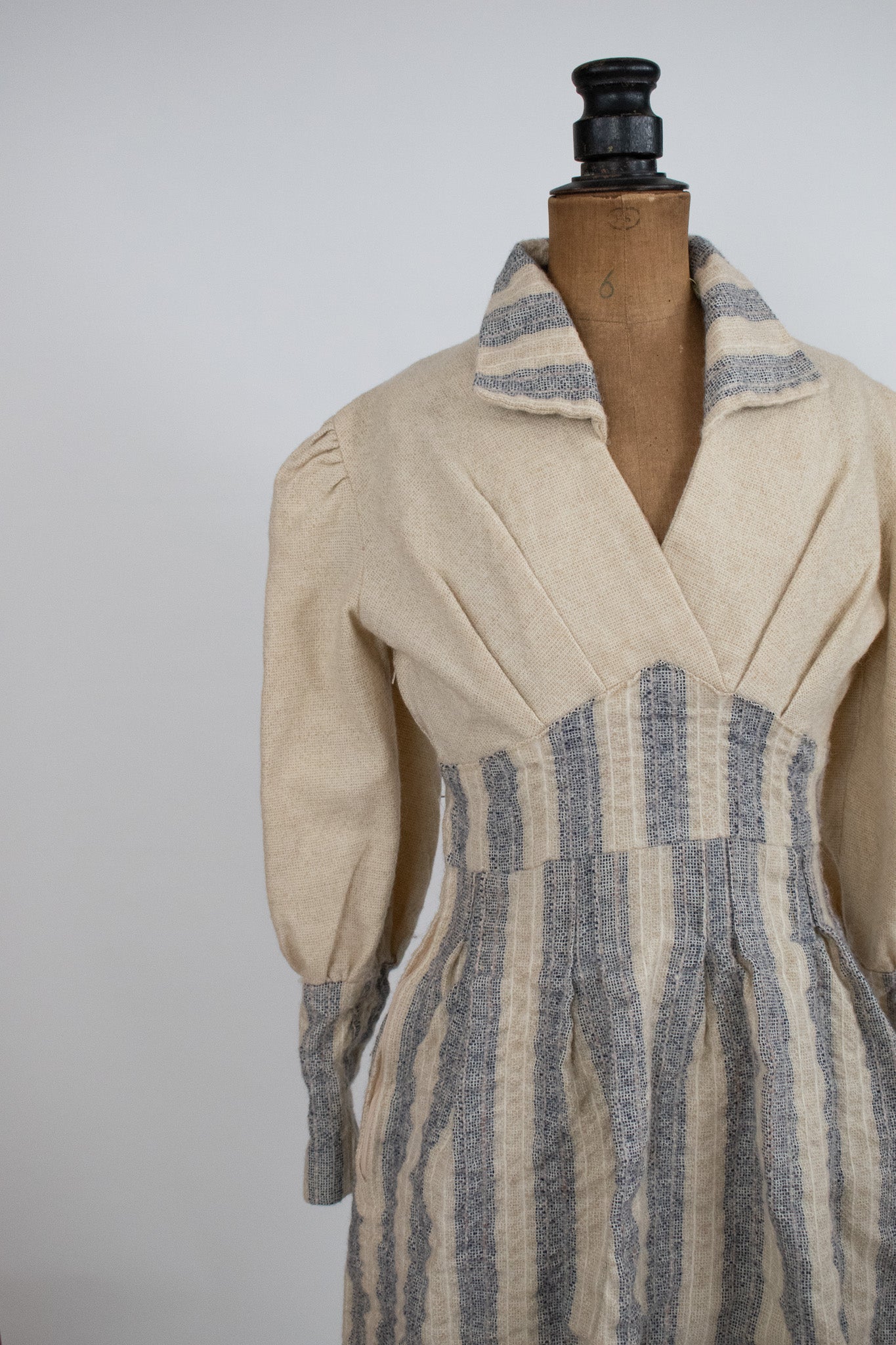 Vintage 1950s Cream & Blue Striped Wool Dress