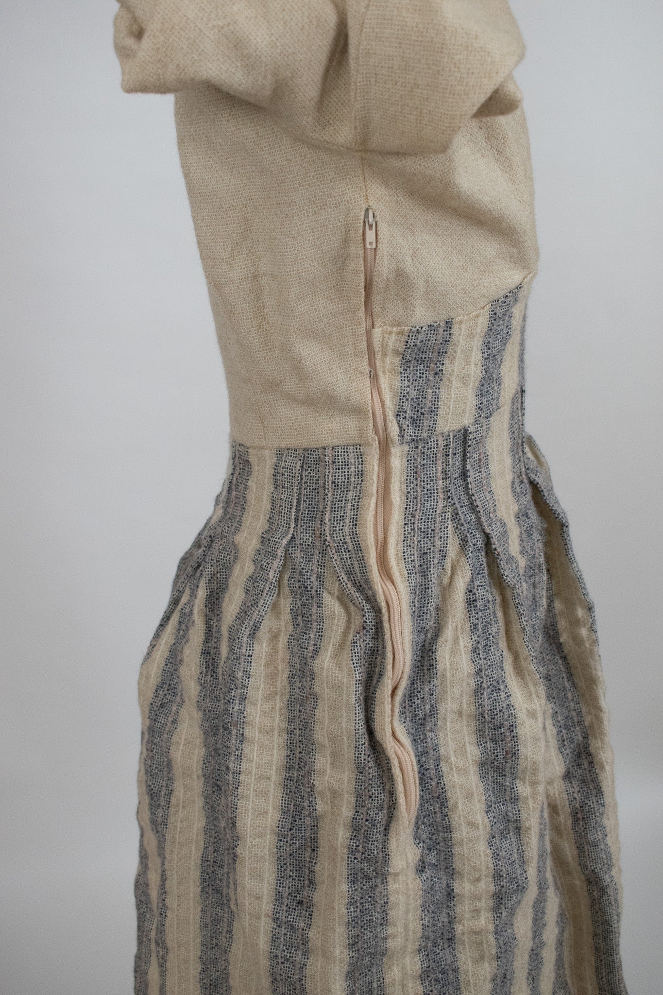 Vintage 1950s Cream & Blue Striped Wool Dress