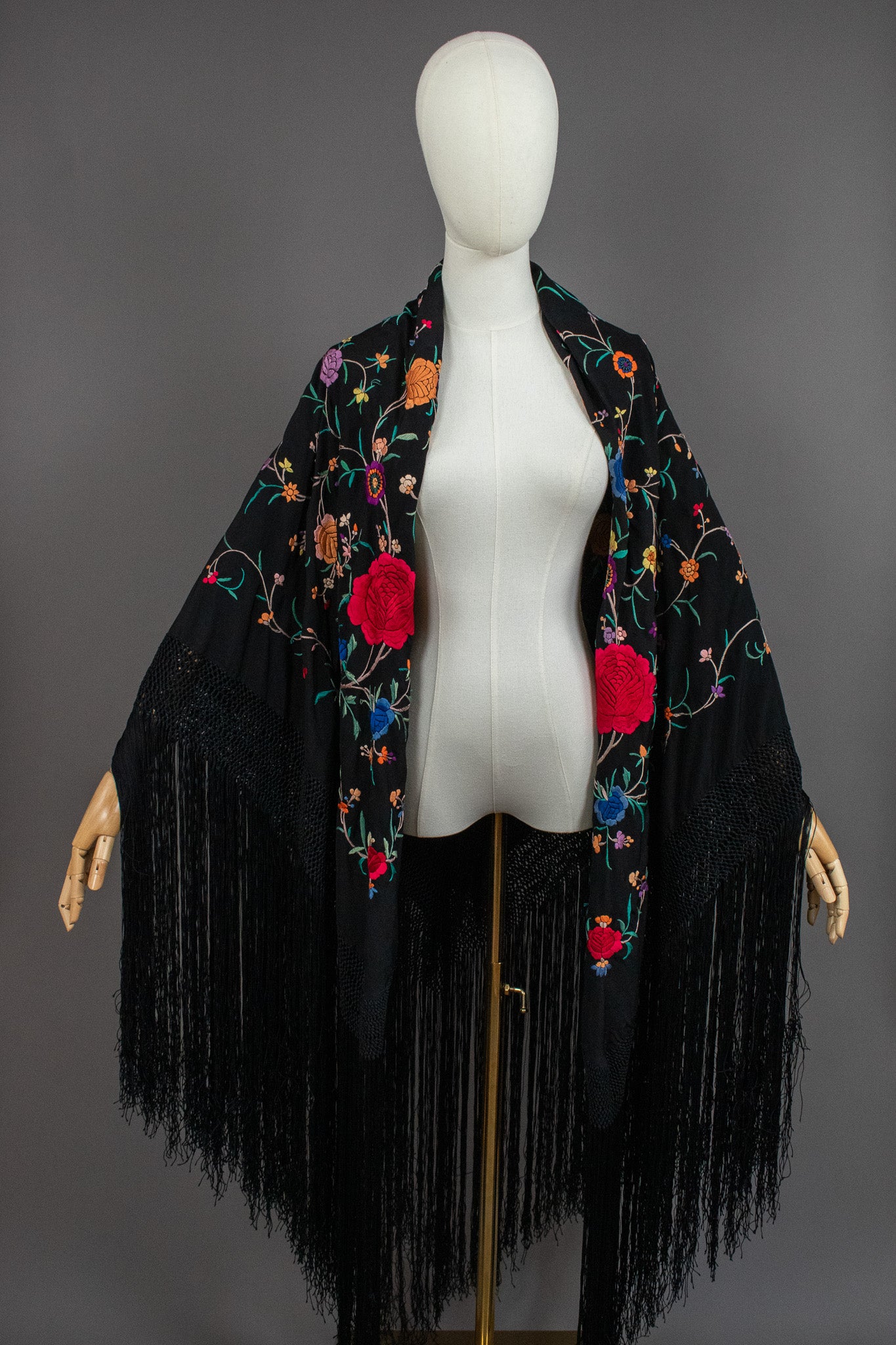 Vintage Embroidered Flowers & Vines Black Silk Canton Piano Fringed Shawl