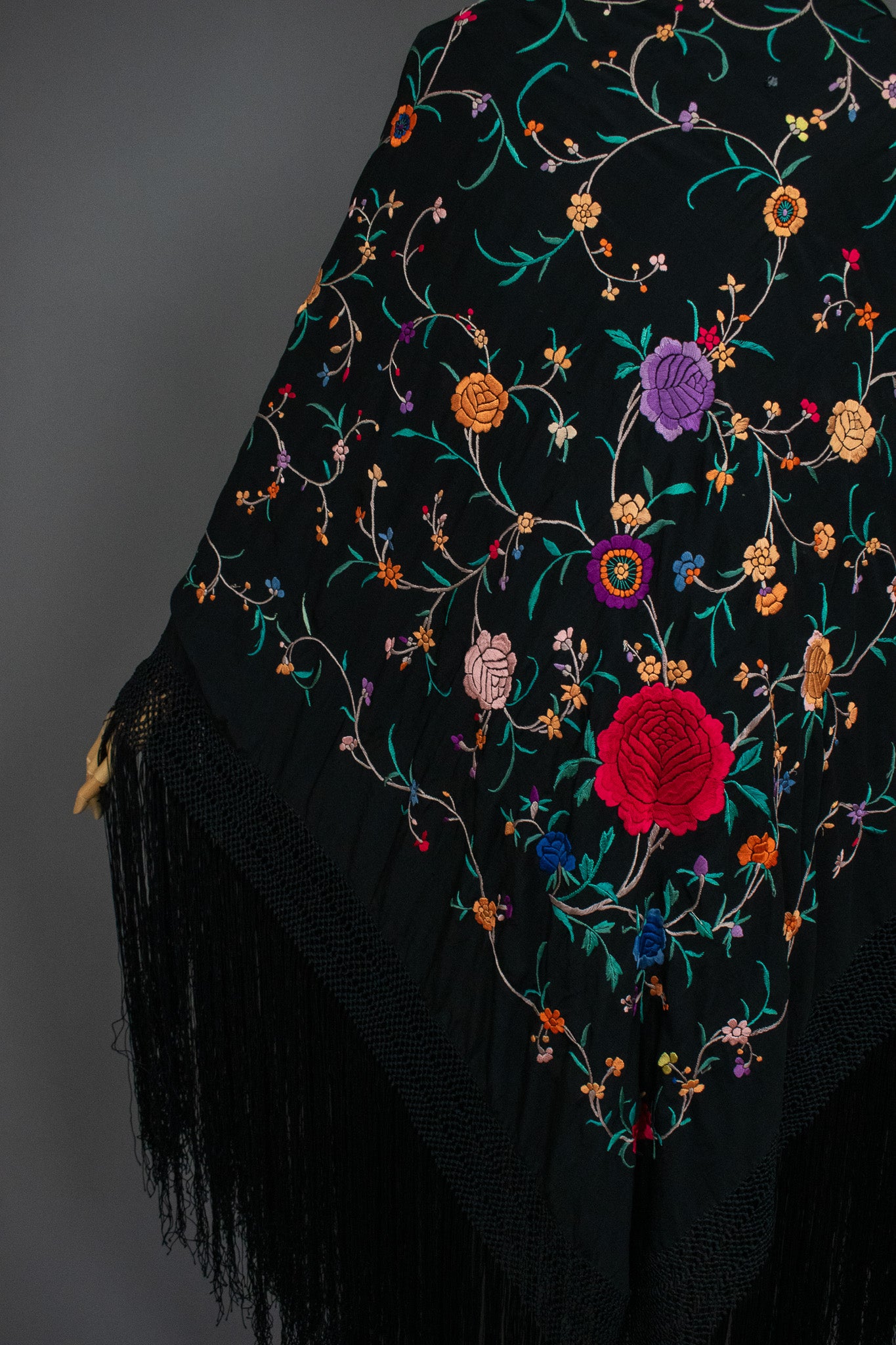 Vintage Embroidered Flowers & Vines Black Silk Canton Piano Fringed Shawl