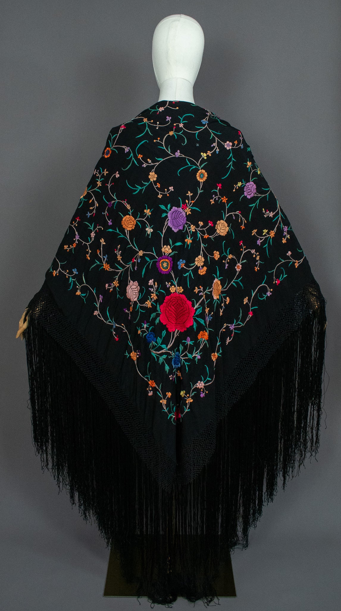 Vintage Embroidered Flowers & Vines Black Silk Canton Piano Fringed Shawl