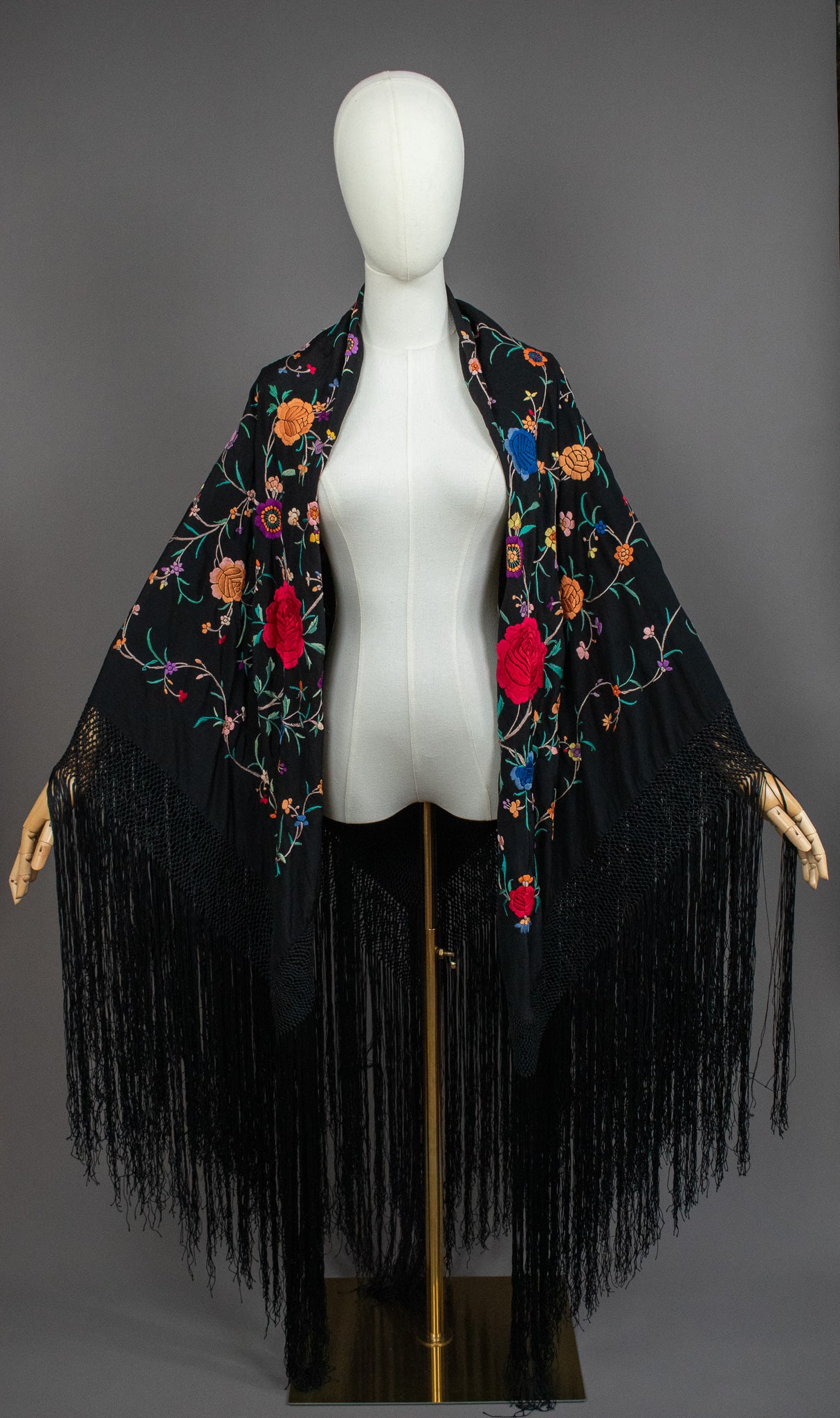 Vintage Embroidered Flowers & Vines Black Silk Canton Piano Fringed Shawl