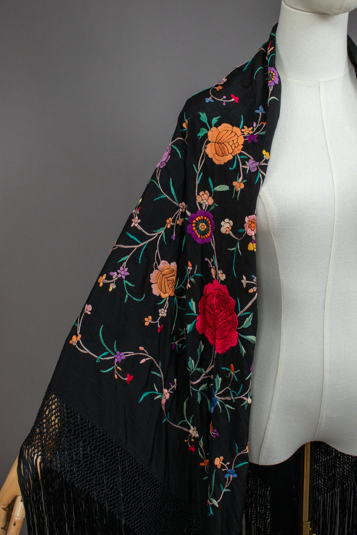 Vintage Embroidered Flowers & Vines Black Silk Canton Piano Fringed Shawl