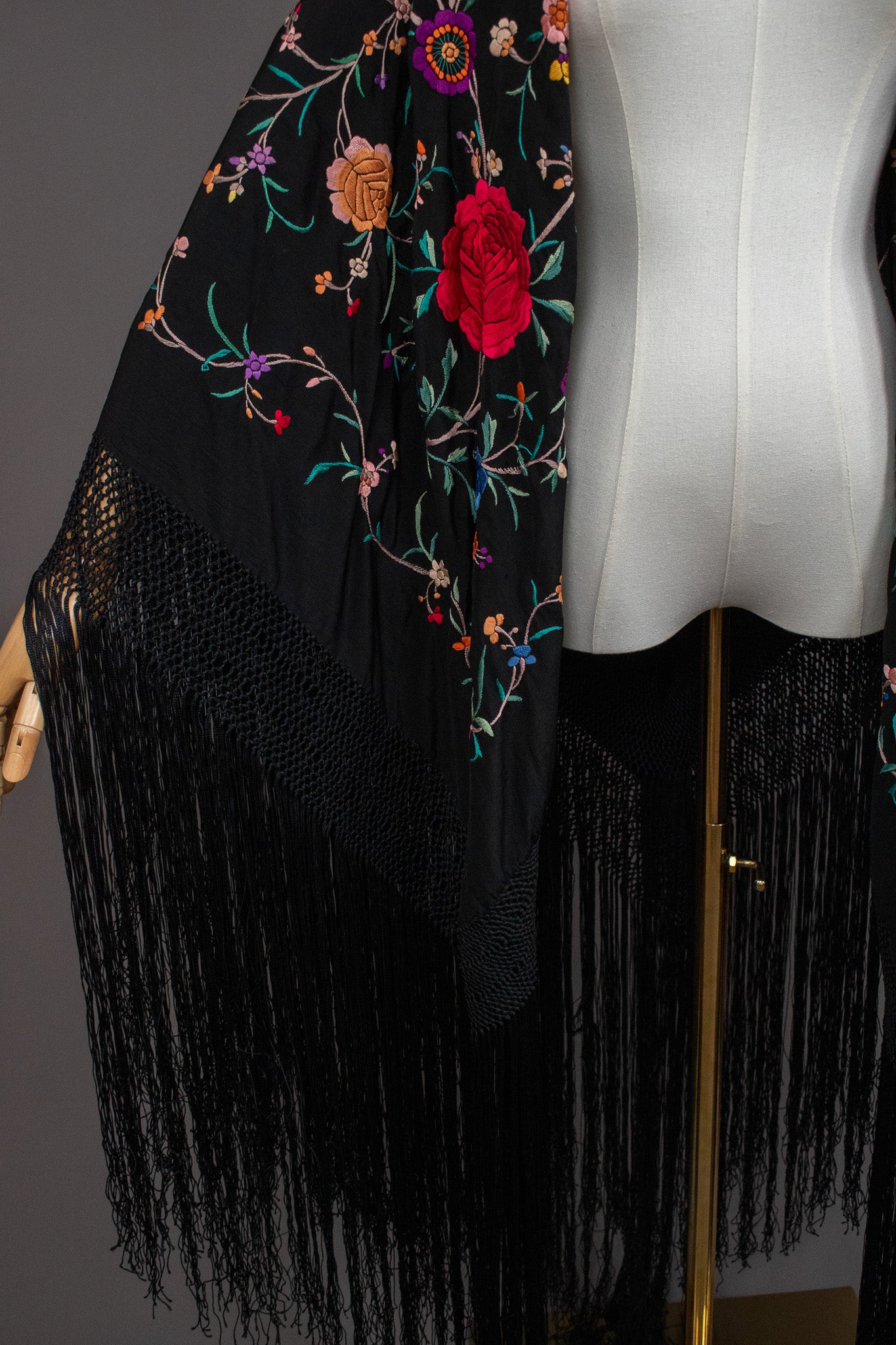 Vintage Embroidered Flowers & Vines Black Silk Canton Piano Fringed Shawl