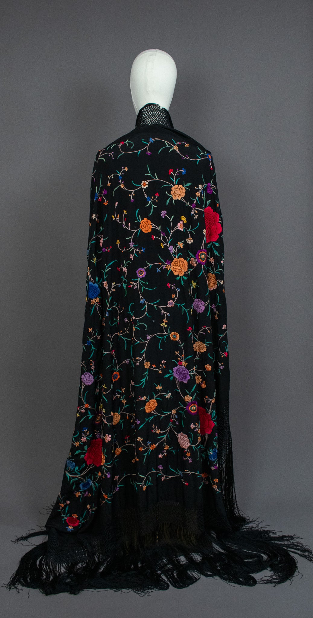 Vintage Embroidered Flowers & Vines Black Silk Canton Piano Fringed Shawl