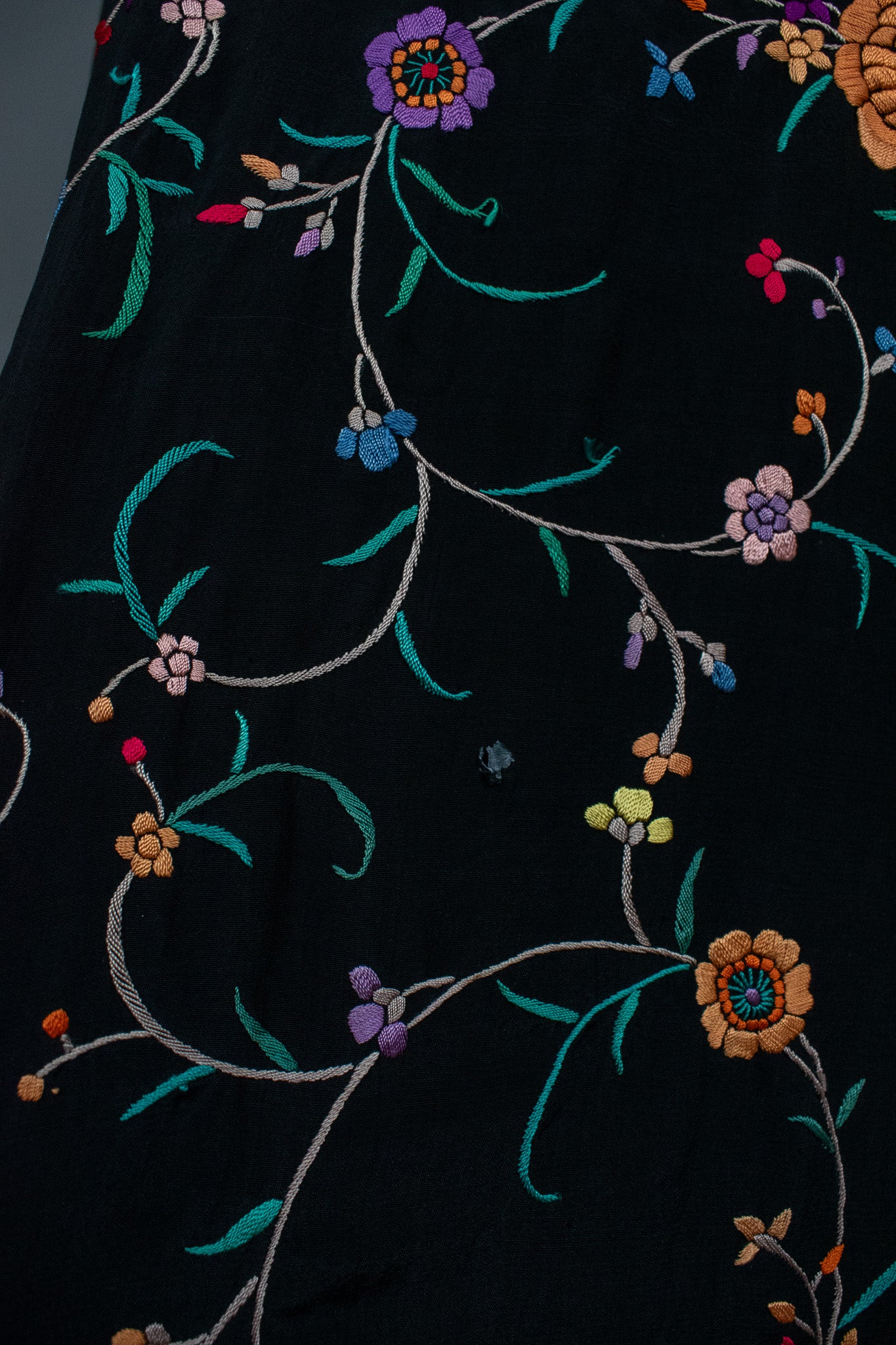 Vintage Embroidered Flowers & Vines Black Silk Canton Piano Fringed Shawl