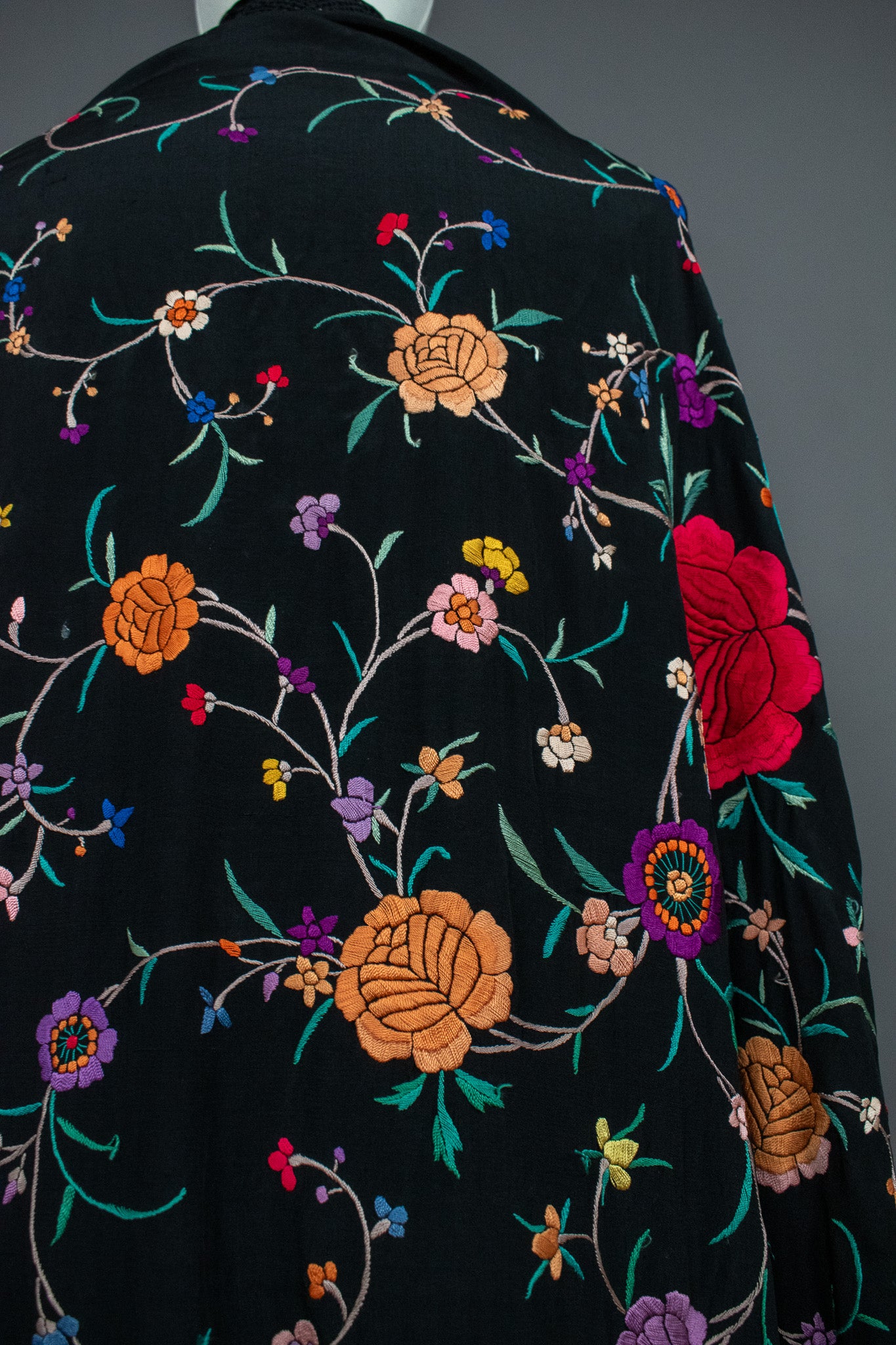 Vintage Embroidered Flowers & Vines Black Silk Canton Piano Fringed Shawl
