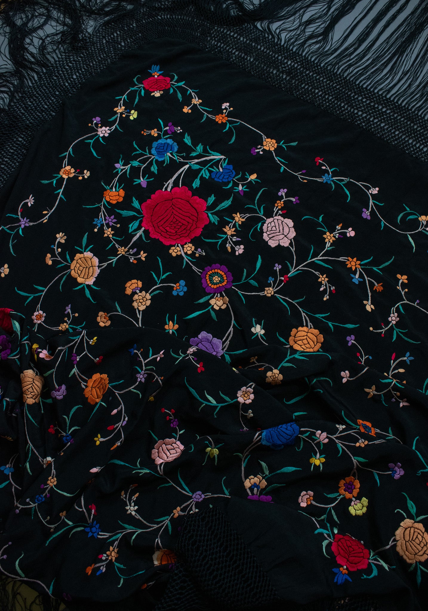Vintage Embroidered Flowers & Vines Black Silk Canton Piano Fringed Shawl