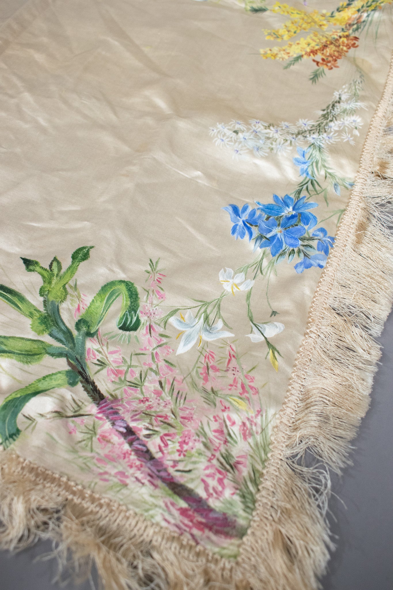 Antique Victorian Silk Hand Painted Floral Fringed Cloth