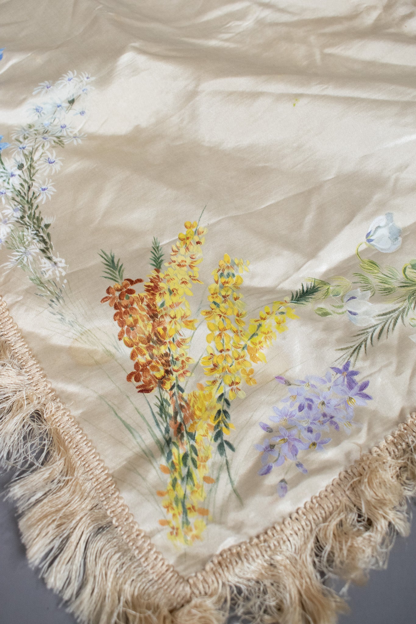 Antique Victorian Silk Hand Painted Floral Fringed Cloth