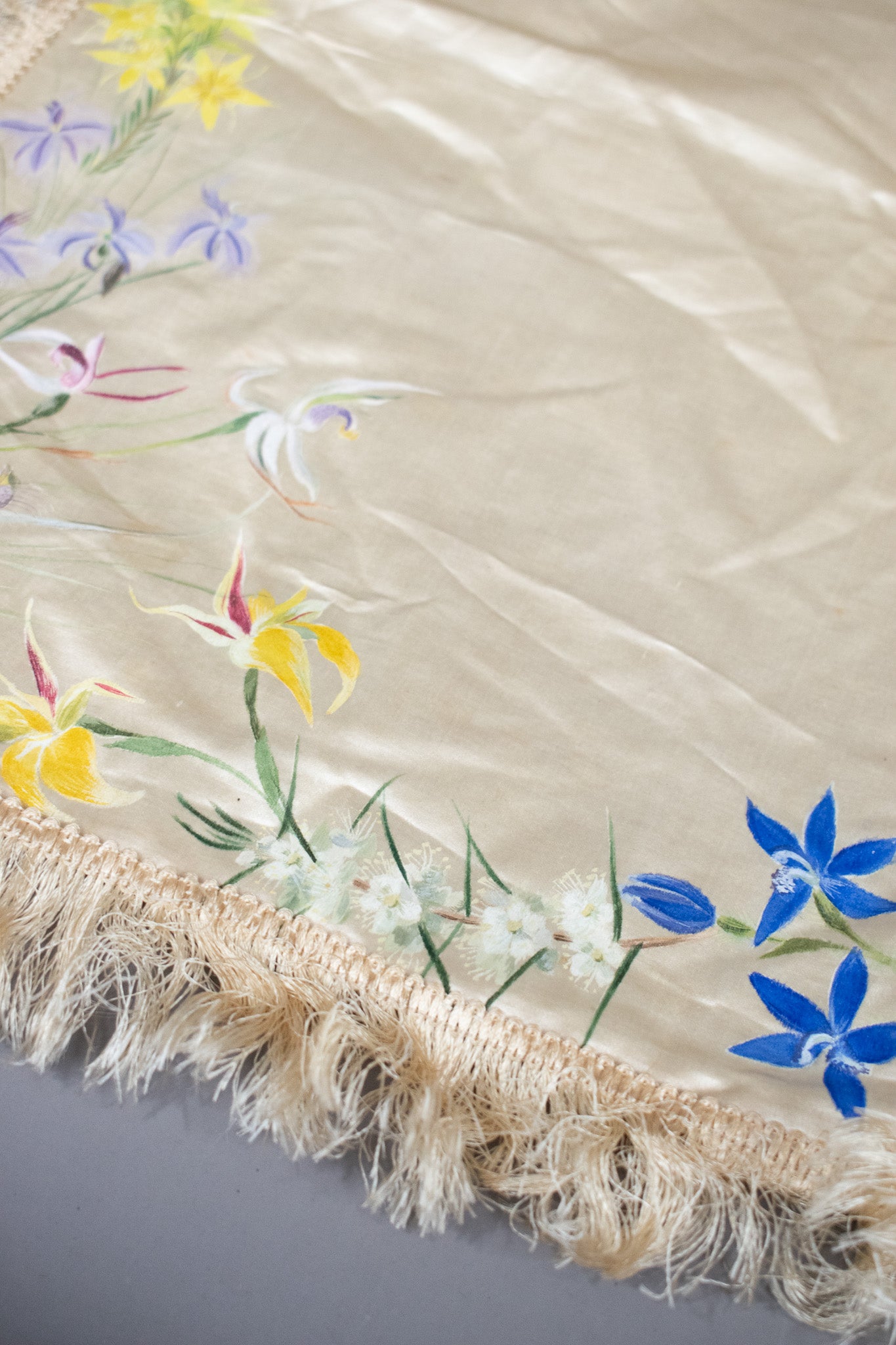 Antique Victorian Silk Hand Painted Floral Fringed Cloth