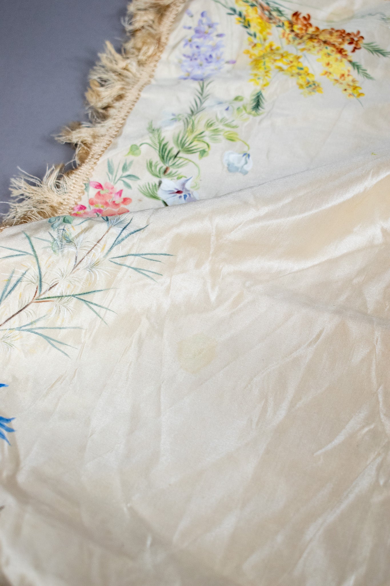 Antique Victorian Silk Hand Painted Floral Fringed Cloth