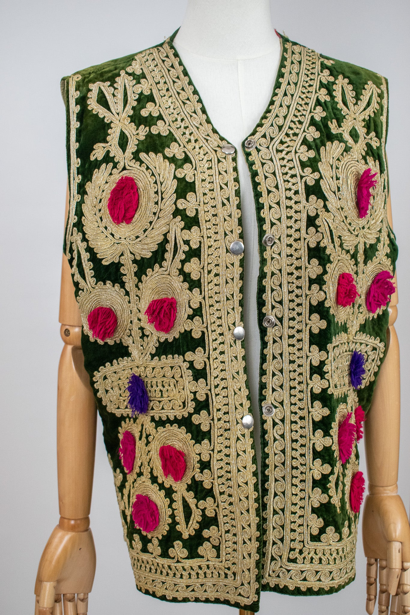 Vintage Afghan Ottoman 1960s Green Velvet Embroidered Vest Waistcoat