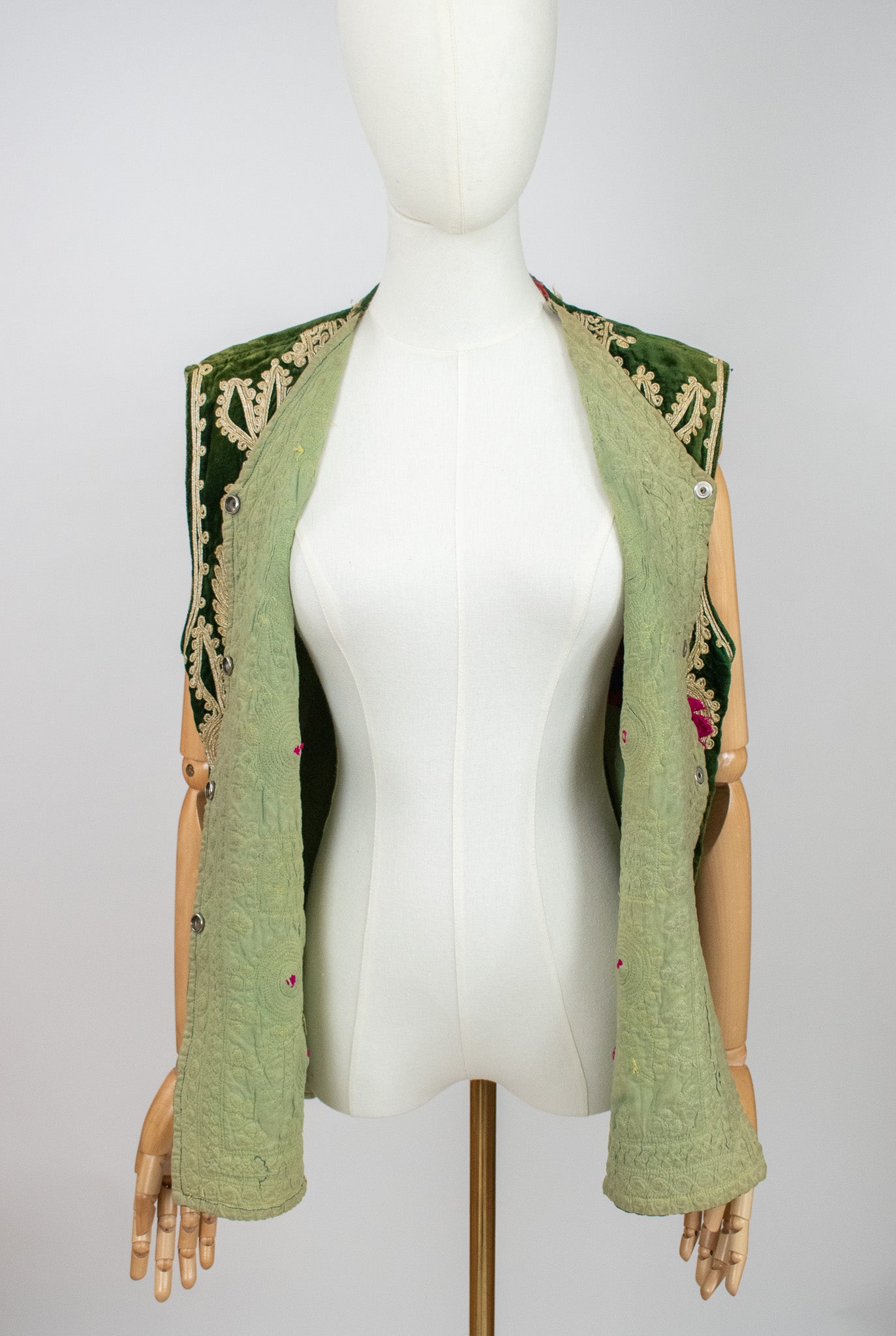 Vintage Afghan Ottoman 1960s Green Velvet Embroidered Vest Waistcoat