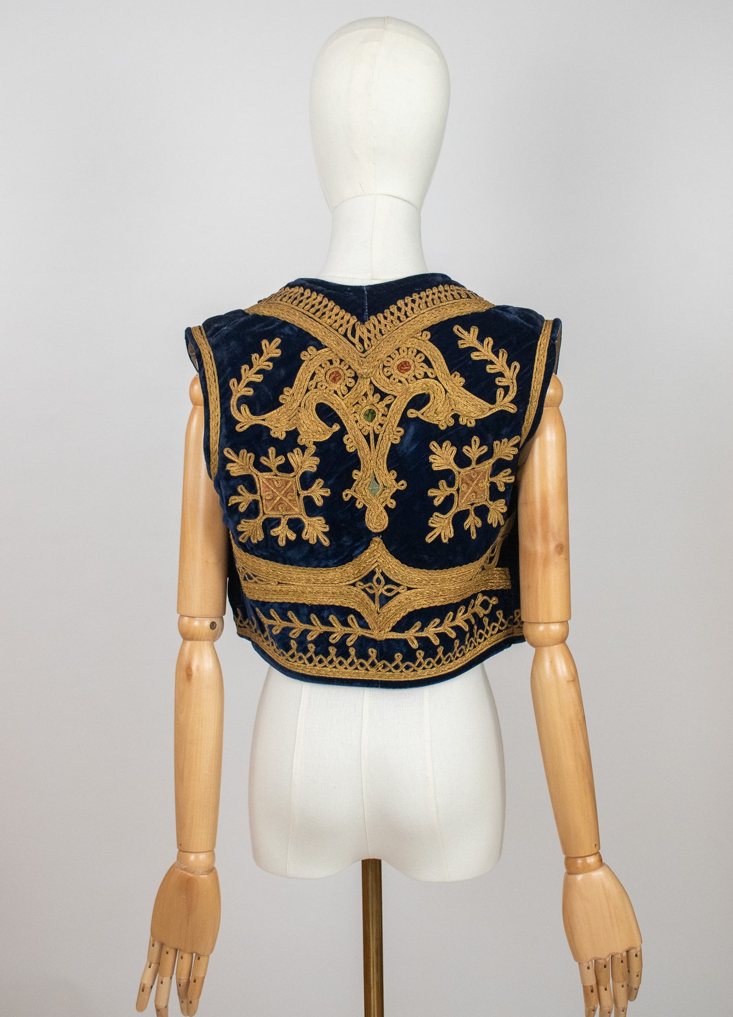 Vintage Afghan Ottoman 1960s Blue Velvet Embroidered Vest Waistcoat