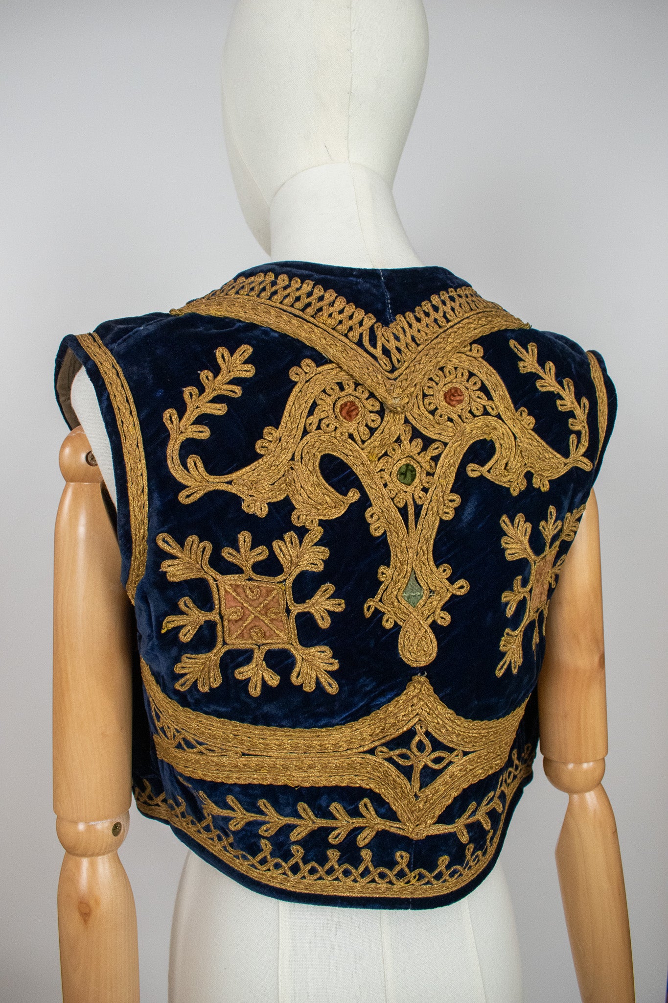 Vintage Afghan Ottoman 1960s Blue Velvet Embroidered Vest Waistcoat