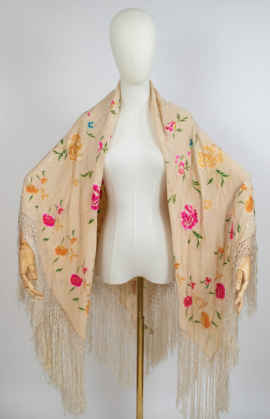 Vintage 1920s Ivory Silk Canton Floral Embroidered Piano Fringed Shawl