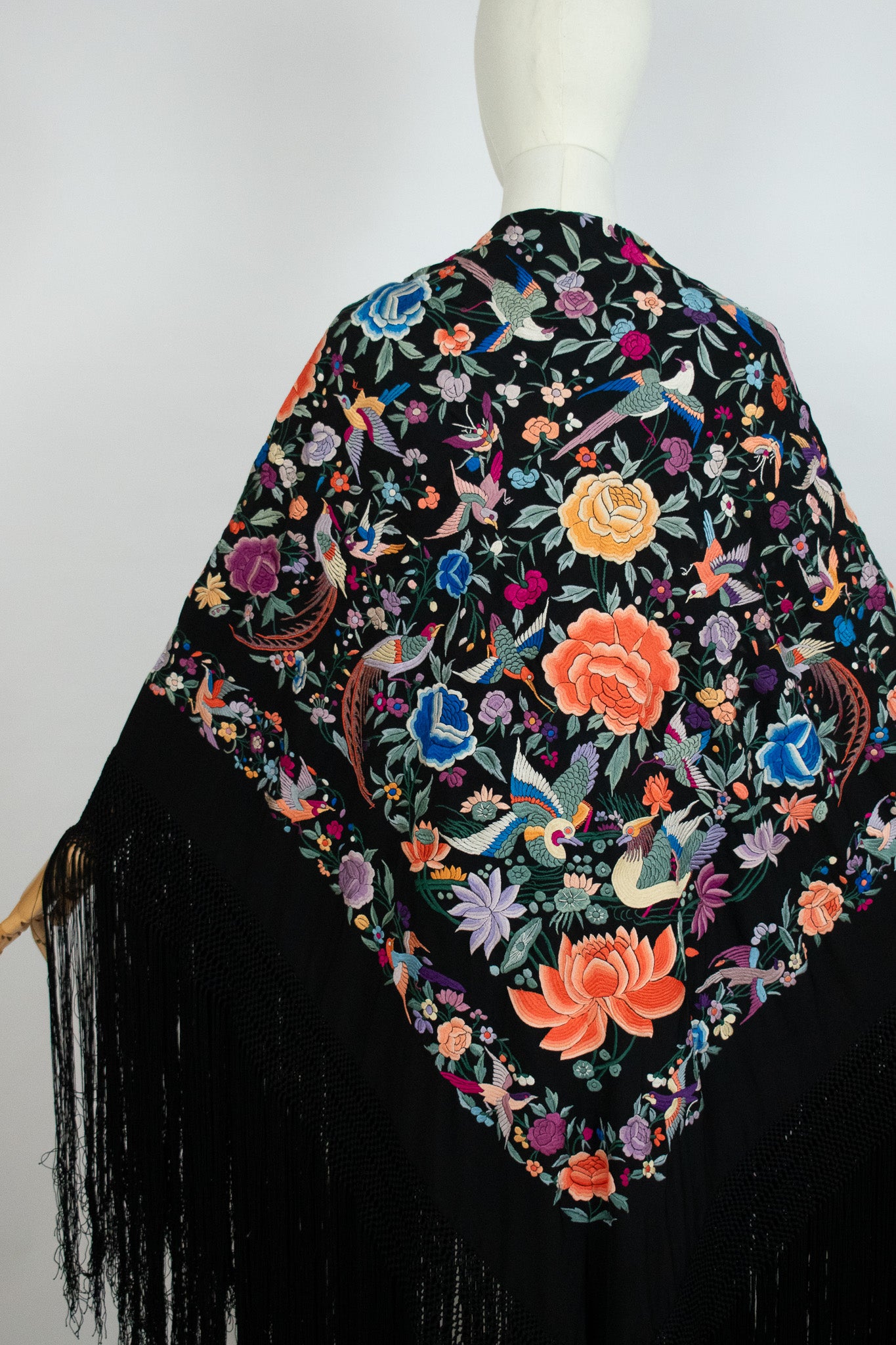 Heavily Embroidered With Birds Flowers Butterflies Circa 1990/1910 Black Silk Canton Piano Fringed Shawl