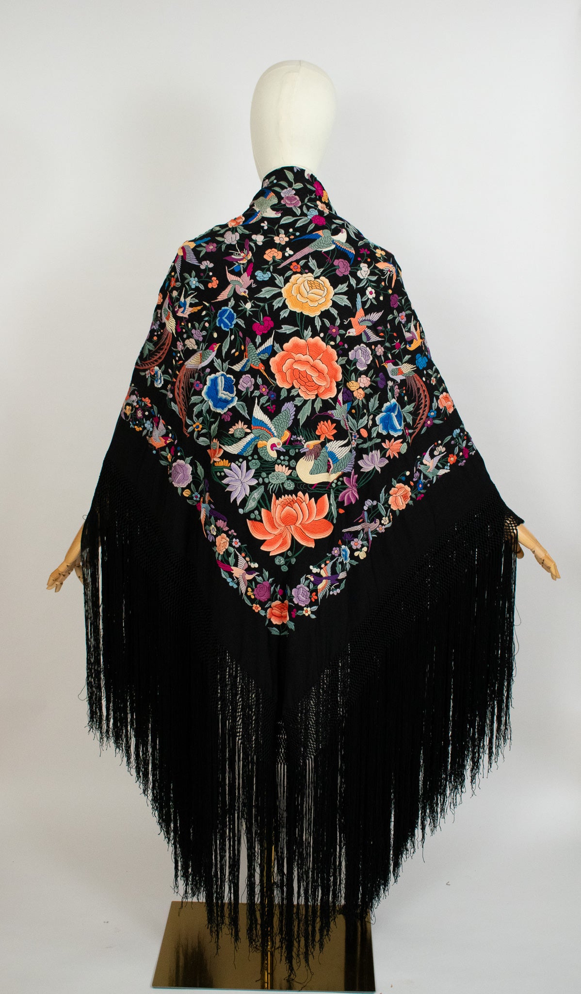 Heavily Embroidered With Birds Flowers Butterflies Circa 1990/1910 Black Silk Canton Piano Fringed Shawl