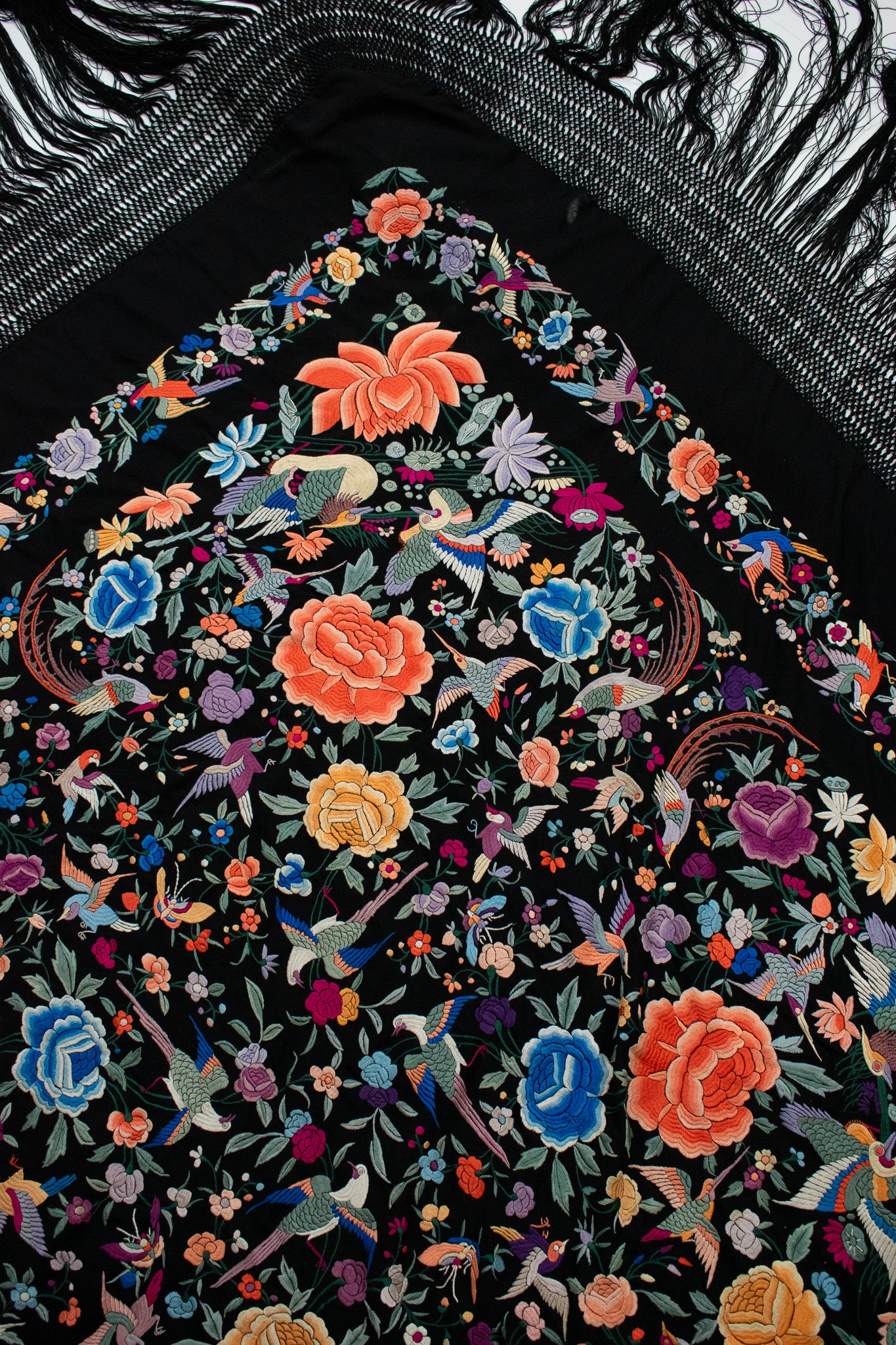 Heavily Embroidered With Birds Flowers Butterflies Circa 1990/1910 Black Silk Canton Piano Fringed Shawl