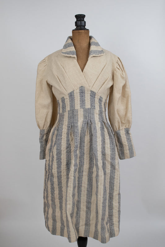 Vintage 1950s Cream & Blue Striped Wool Dress