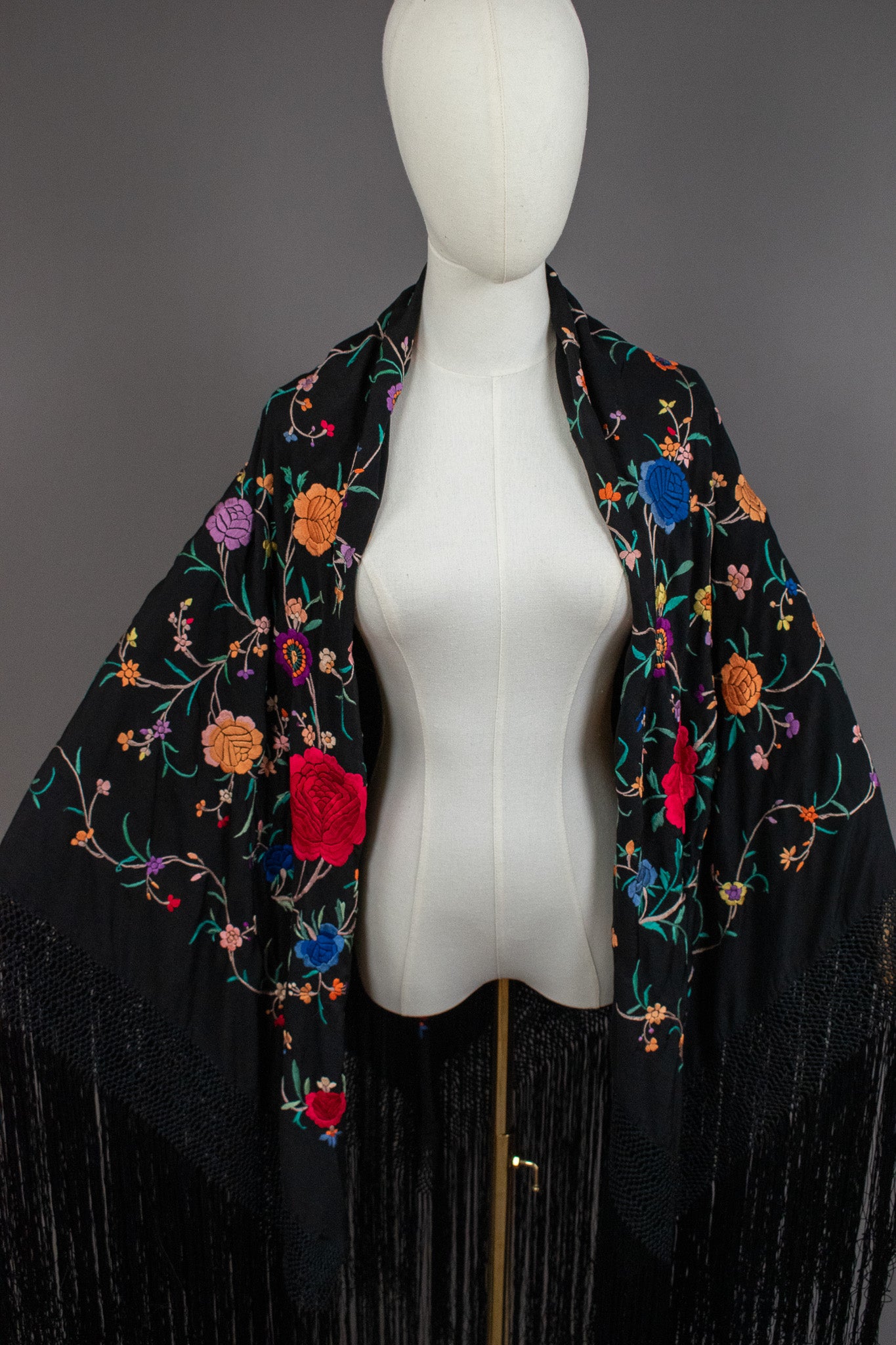 Vintage Embroidered Flowers & Vines Black Silk Canton Piano Fringed Shawl