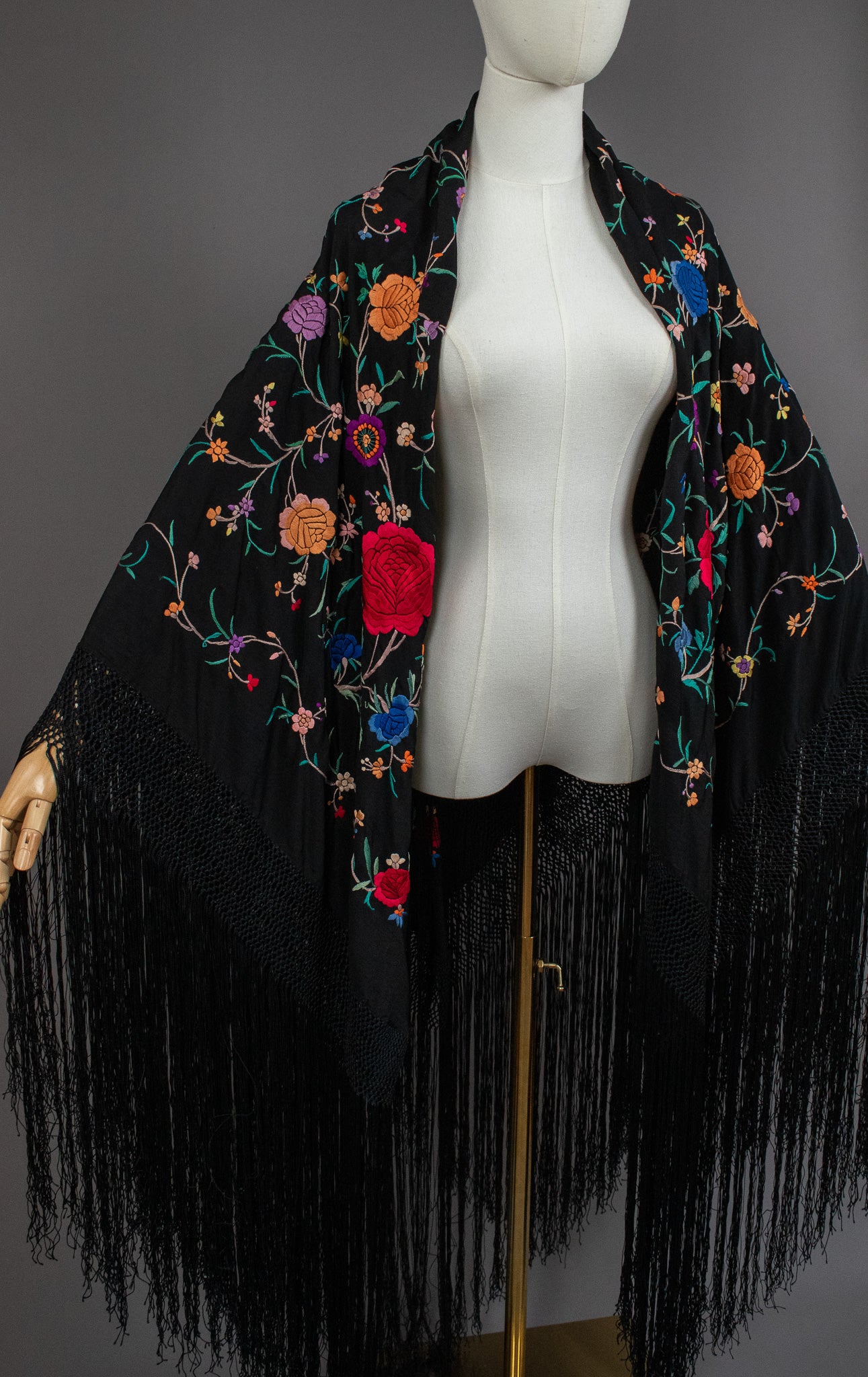 Vintage Embroidered Flowers & Vines Black Silk Canton Piano Fringed Shawl