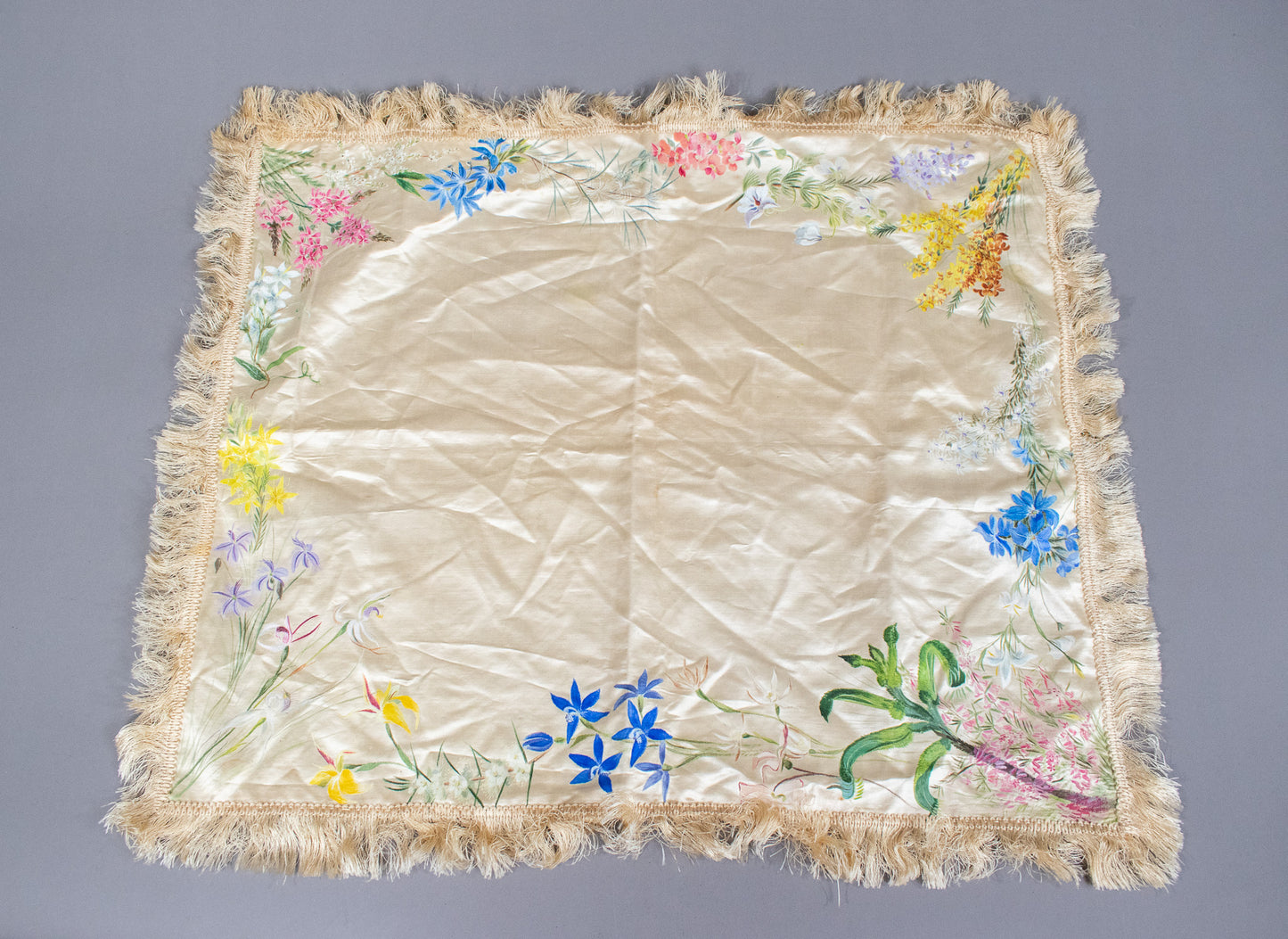 Antique Victorian Silk Hand Painted Floral Fringed Cloth