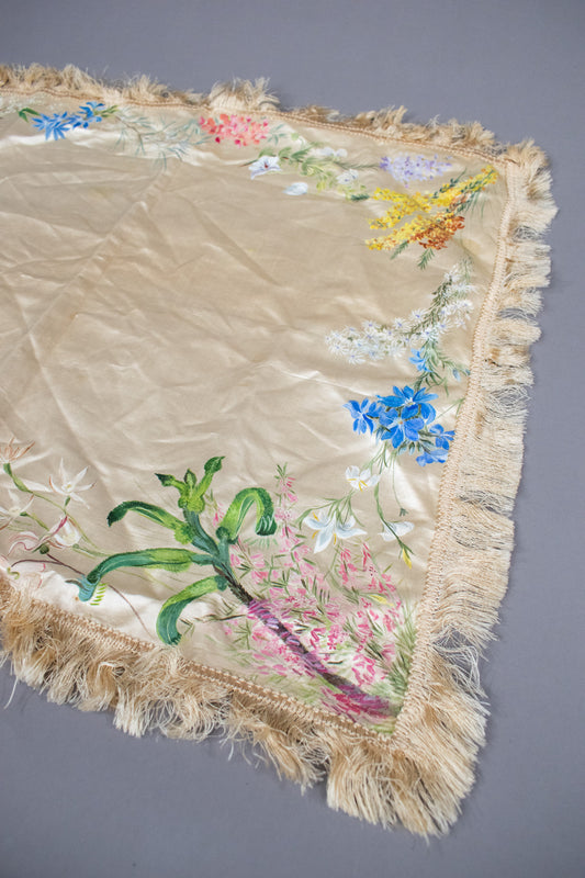 Antique Victorian Silk Hand Painted Floral Fringed Cloth